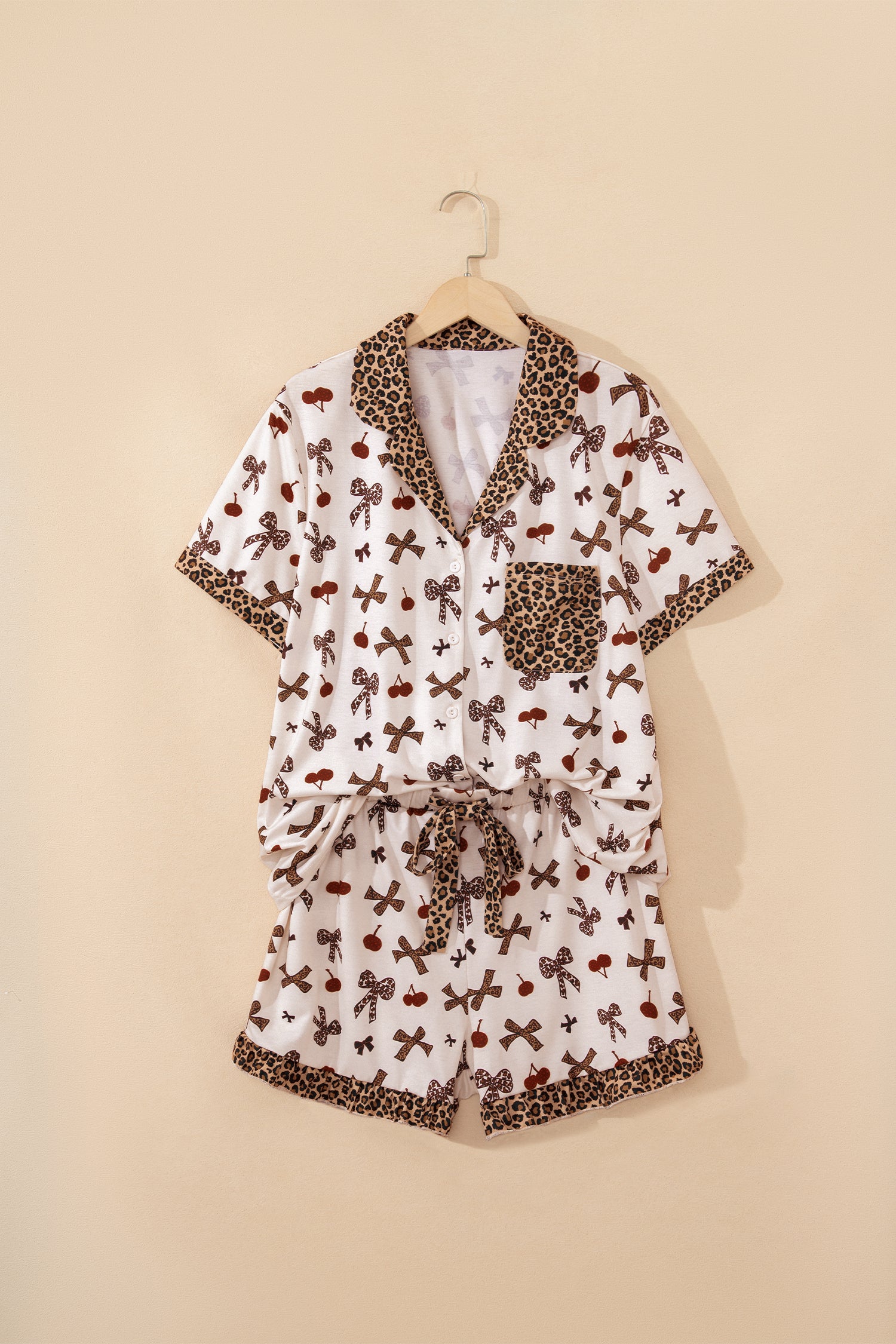 White Chic Bow Cherry Printed Leopard Contrast Patchwork Shirt Drawstring Shorts 2pcs PJ Set-Loungewear & Sleepwear/Sleepwear-[Adult]-[Female]-2022 Online Blue Zone Planet