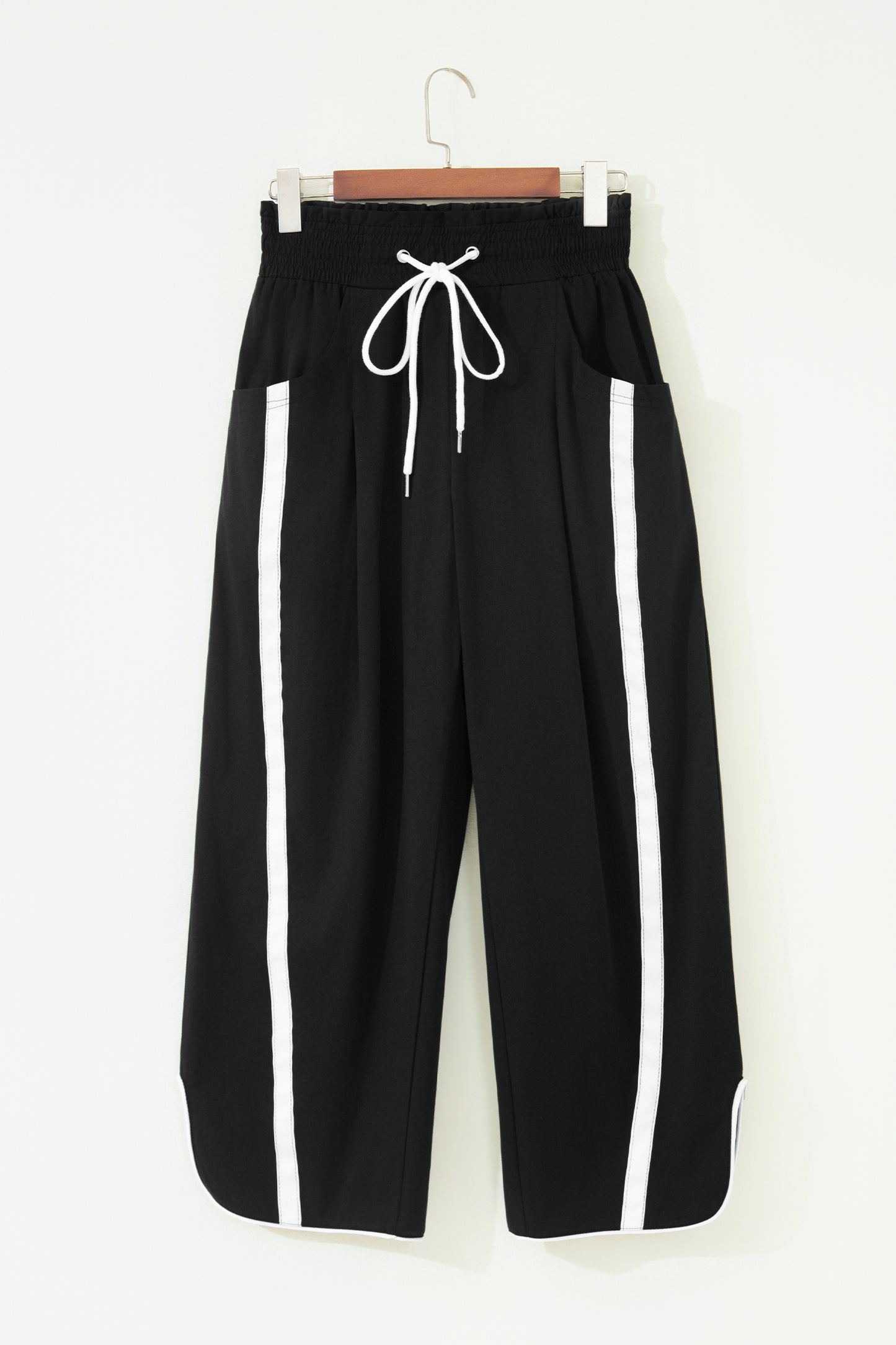 Black Contrast Striped Smocked Waist Drawstring Cropped Casual Pants-Bottoms/Pants & Culotte-[Adult]-[Female]-2022 Online Blue Zone Planet