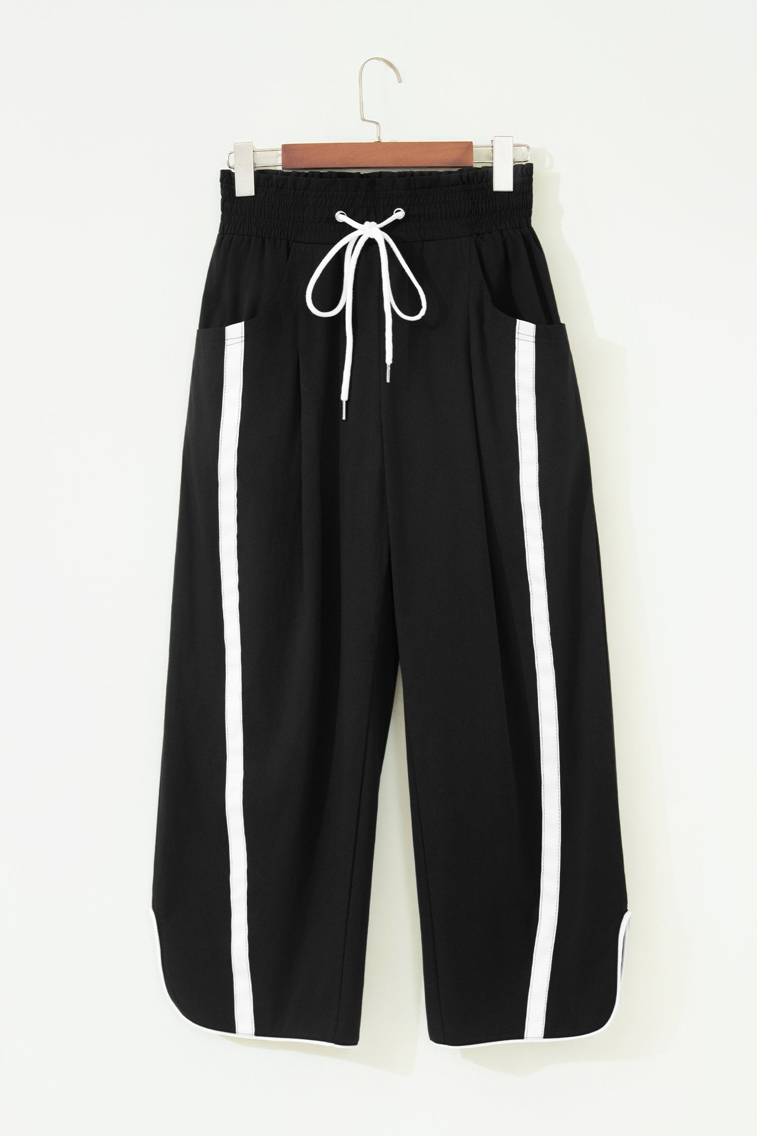 Black Contrast Striped Smocked Waist Drawstring Cropped Casual Pants-Bottoms/Pants & Culotte-[Adult]-[Female]-2022 Online Blue Zone Planet