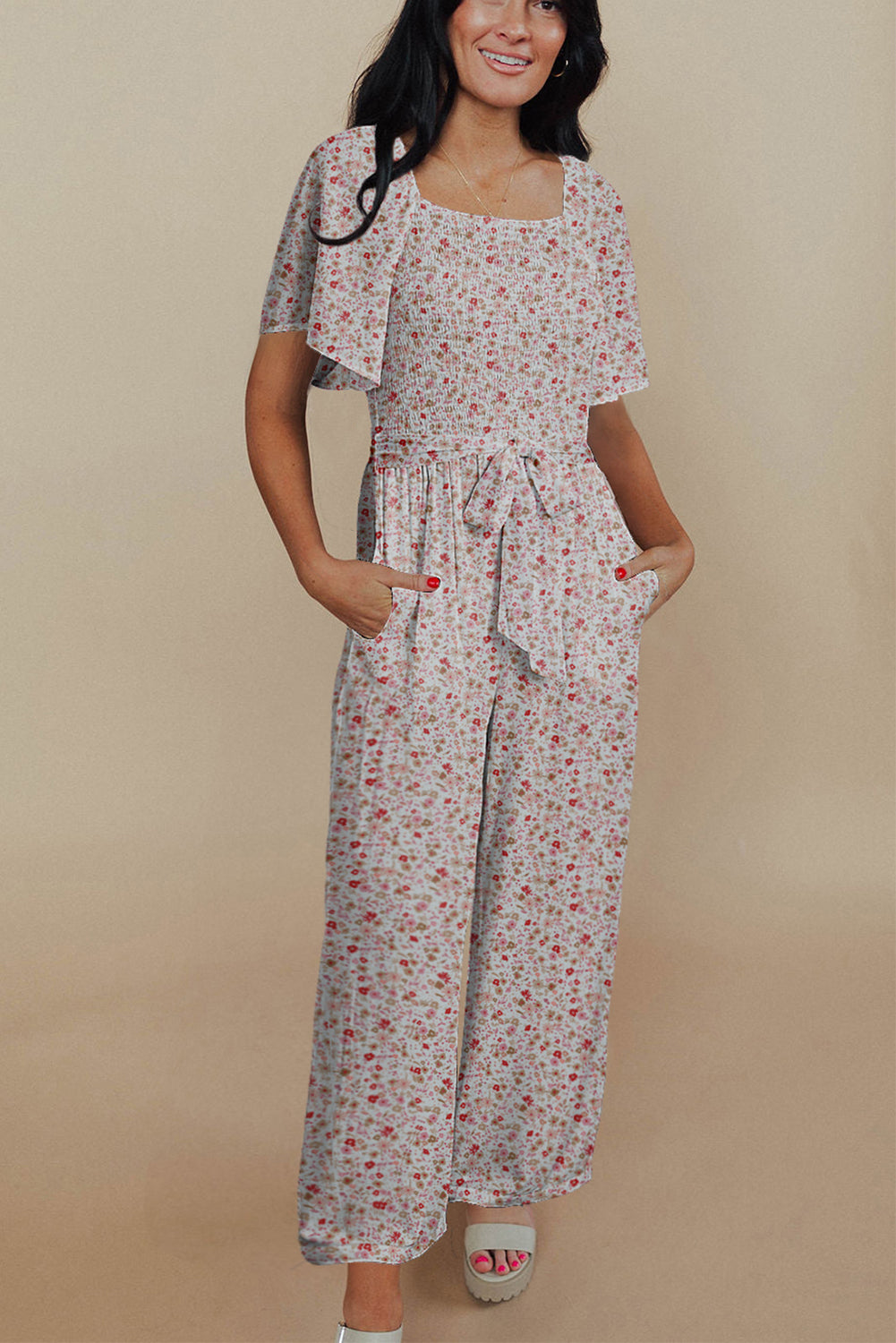 White Smocked Short Sleeve Wide Leg Floral Print Jumpsuit-Bottoms/Jumpsuits & Rompers-[Adult]-[Female]-White-S-2022 Online Blue Zone Planet