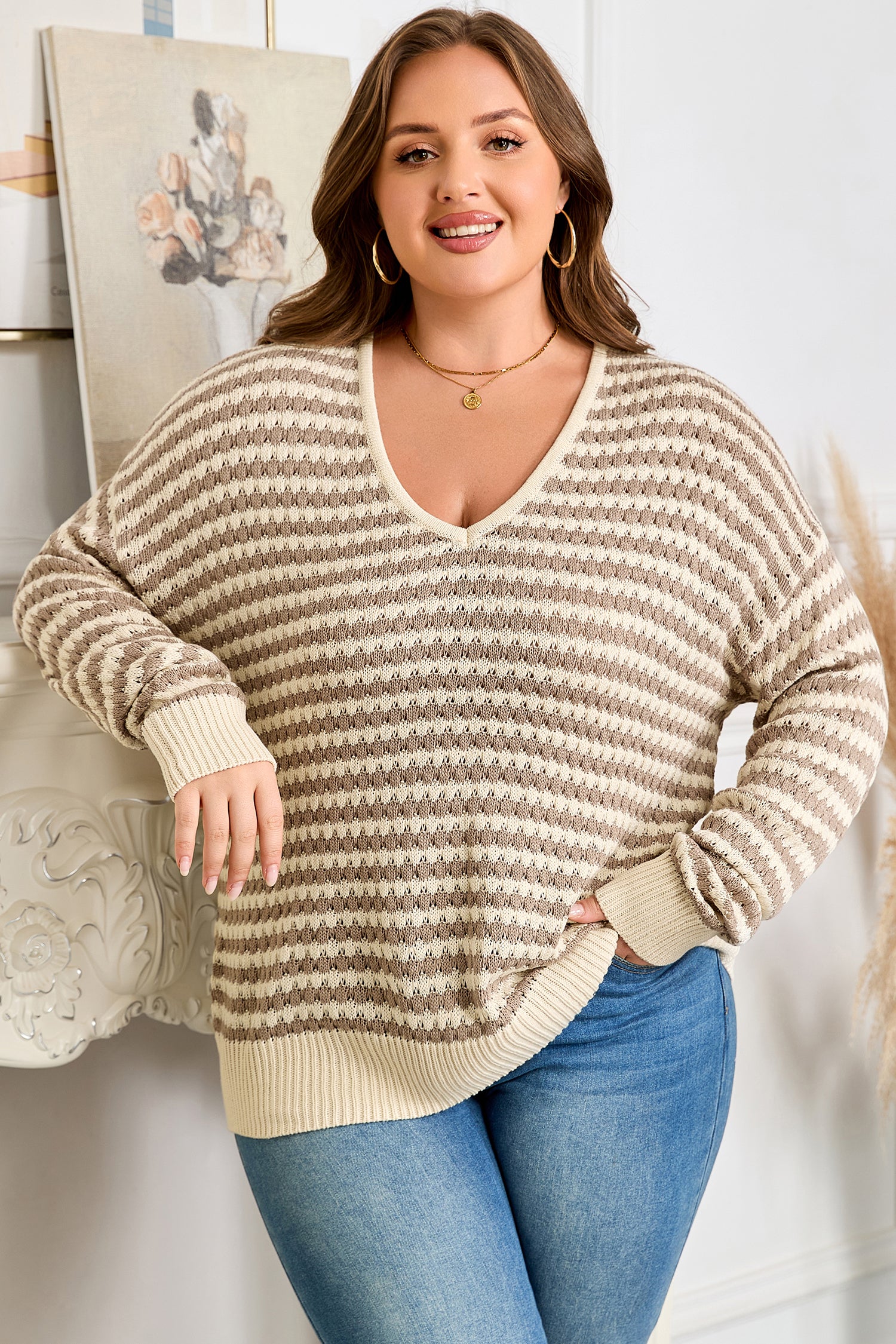 Khaki Stripe Plus Size V Neck Drop Shoulder Sweater-Plus Size/Plus Size Sweaters & Cardigans-[Adult]-[Female]-2022 Online Blue Zone Planet