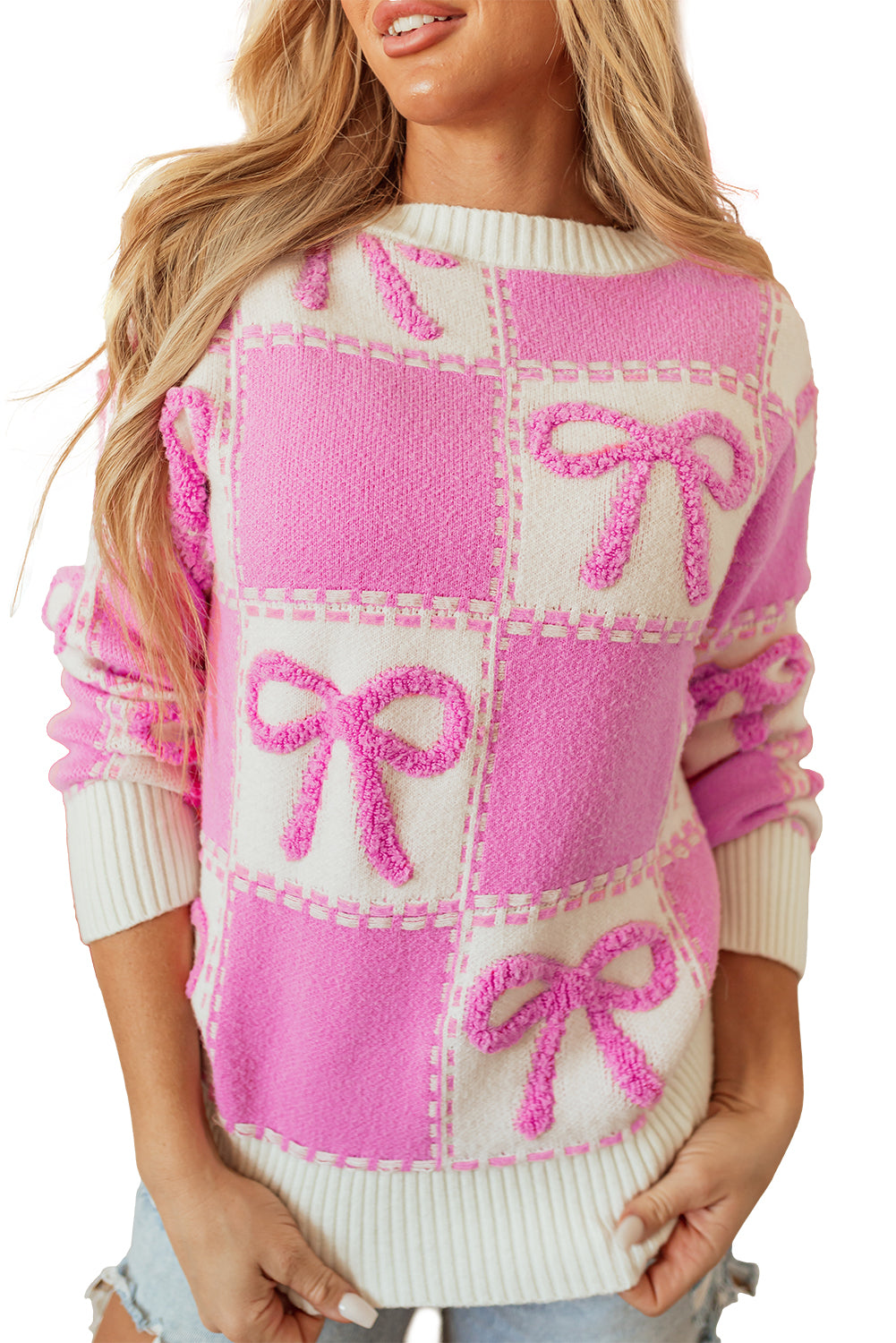 Pink Bow Knot Two Tone Checkered Crew Neck Sweater-Sweaters & Cardigans/Sweaters-[Adult]-[Female]-2022 Online Blue Zone Planet