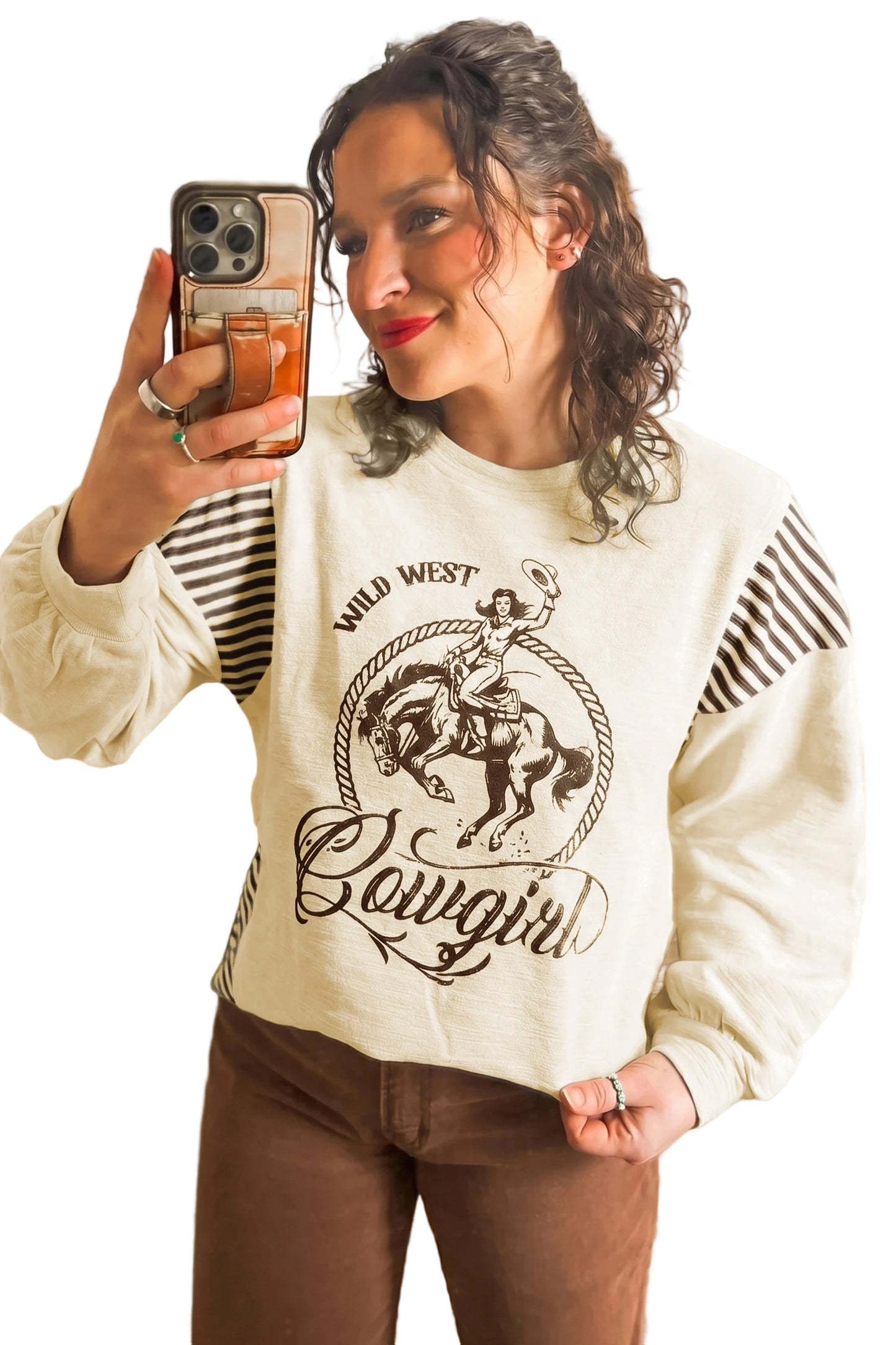 Jet Stream Western Print Striped Detail Long Sleeve Casual Top-Tops/Long Sleeve Tops-[Adult]-[Female]-2022 Online Blue Zone Planet