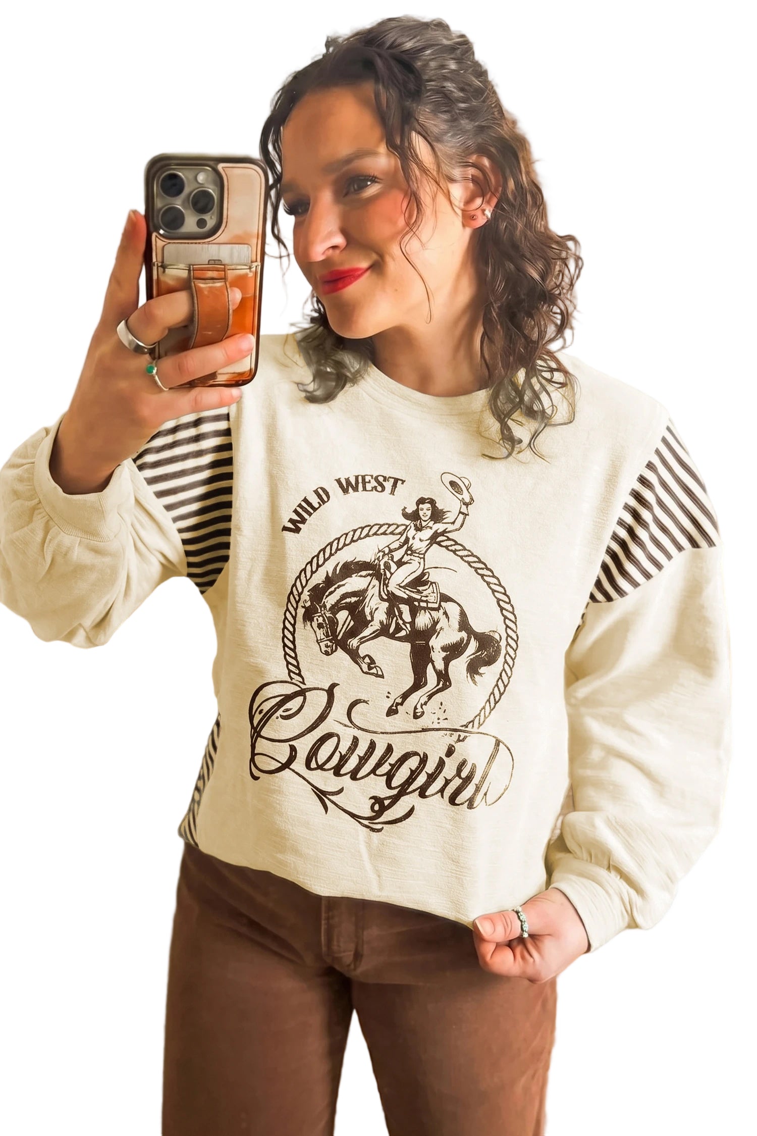 Jet Stream Western Print Striped Detail Long Sleeve Casual Top-Tops/Long Sleeve Tops-[Adult]-[Female]-2022 Online Blue Zone Planet