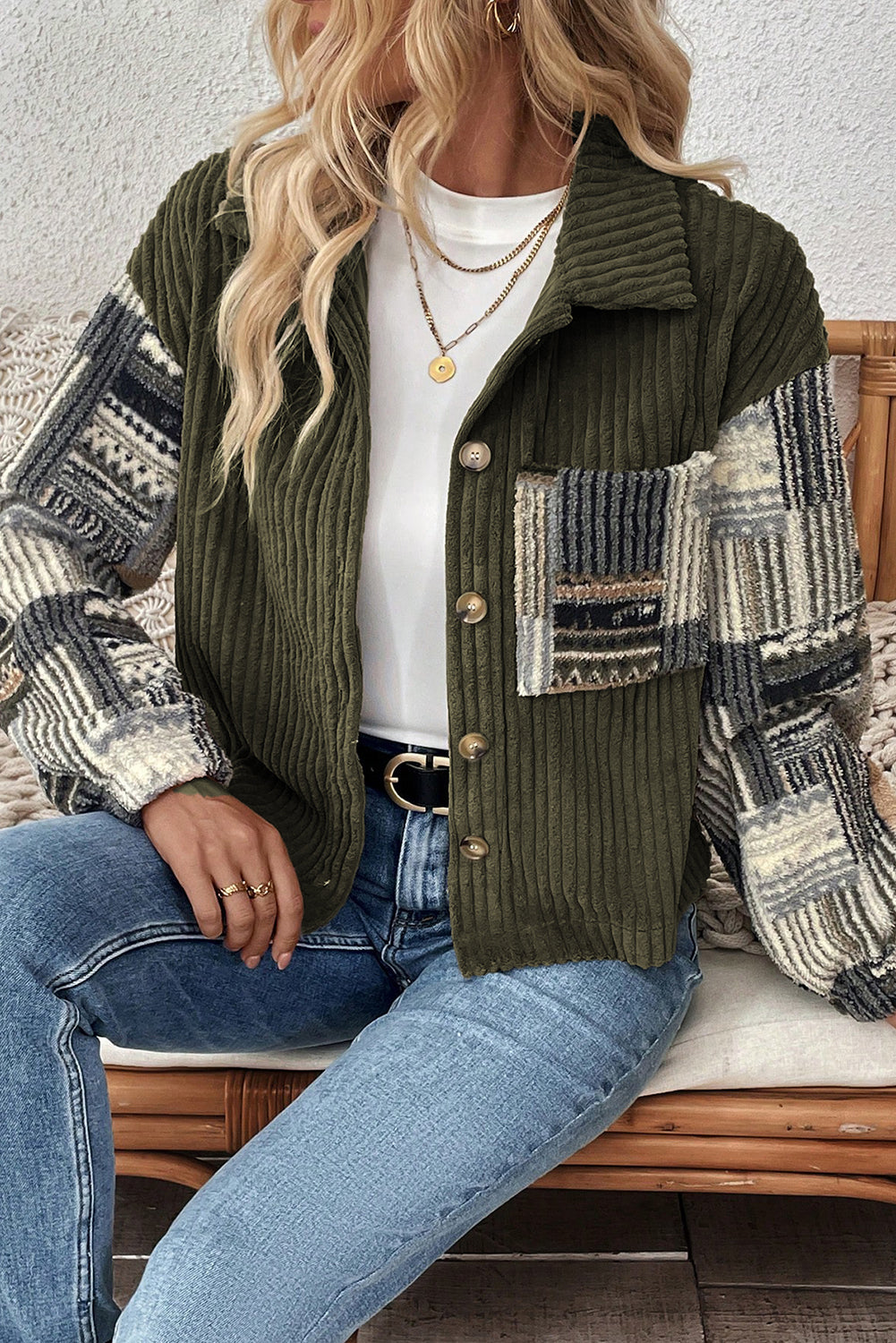 Jungle Green Ribbed Fleece Plaid Print Patchwork Button Up Jacket-Outerwear/Jackets-[Adult]-[Female]-2022 Online Blue Zone Planet