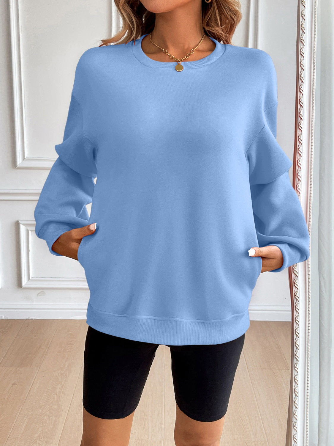 Ivy Lane Round Neck Long Sleeve Sweatshirt-TOPS / DRESSES-[Adult]-[Female]-Light Blue-S-2022 Online Blue Zone Planet