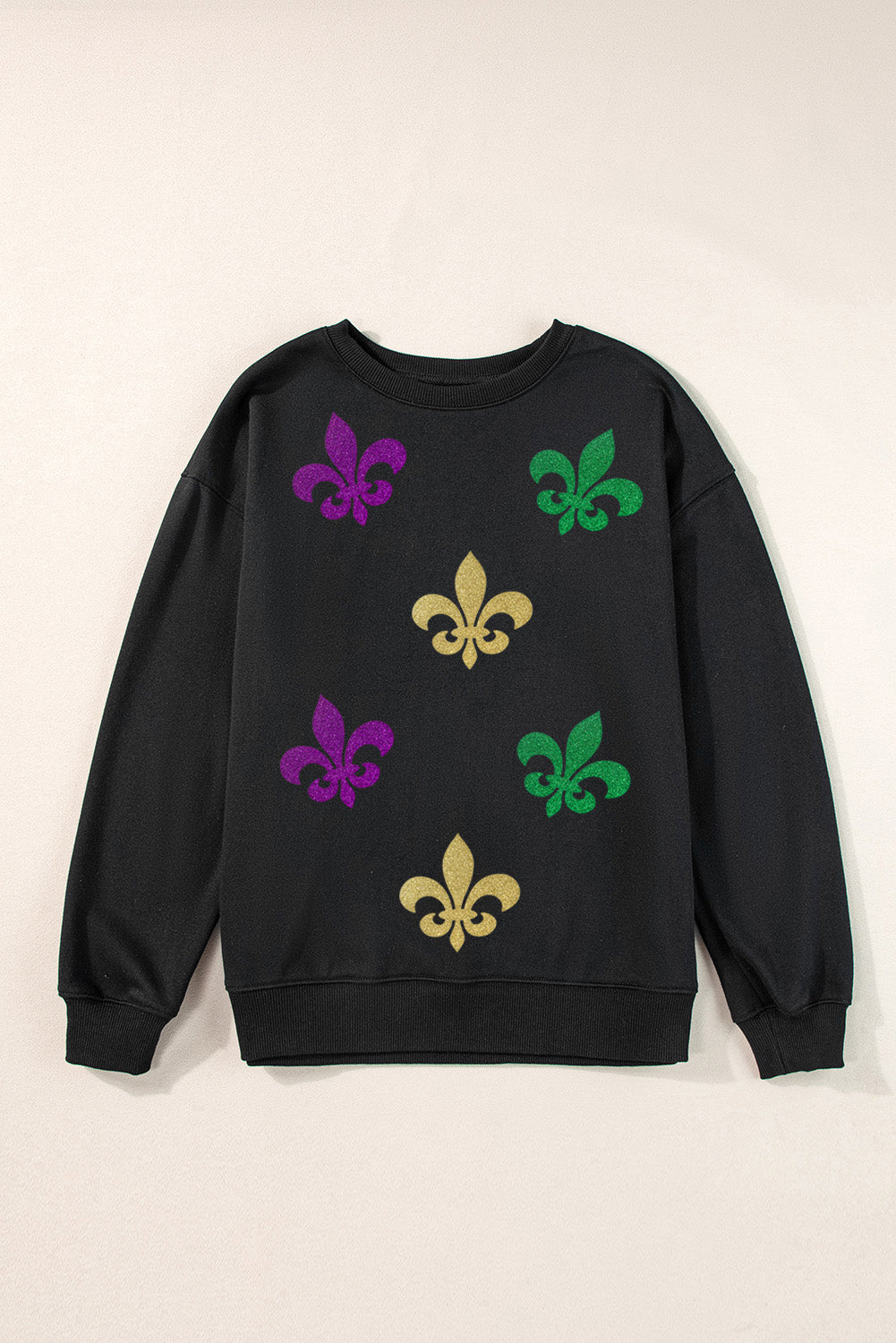 Black Mardi Gras Graphic Round Neck Casual Sweatshirt-Graphic Sweatshirts-[Adult]-[Female]-2022 Online Blue Zone Planet