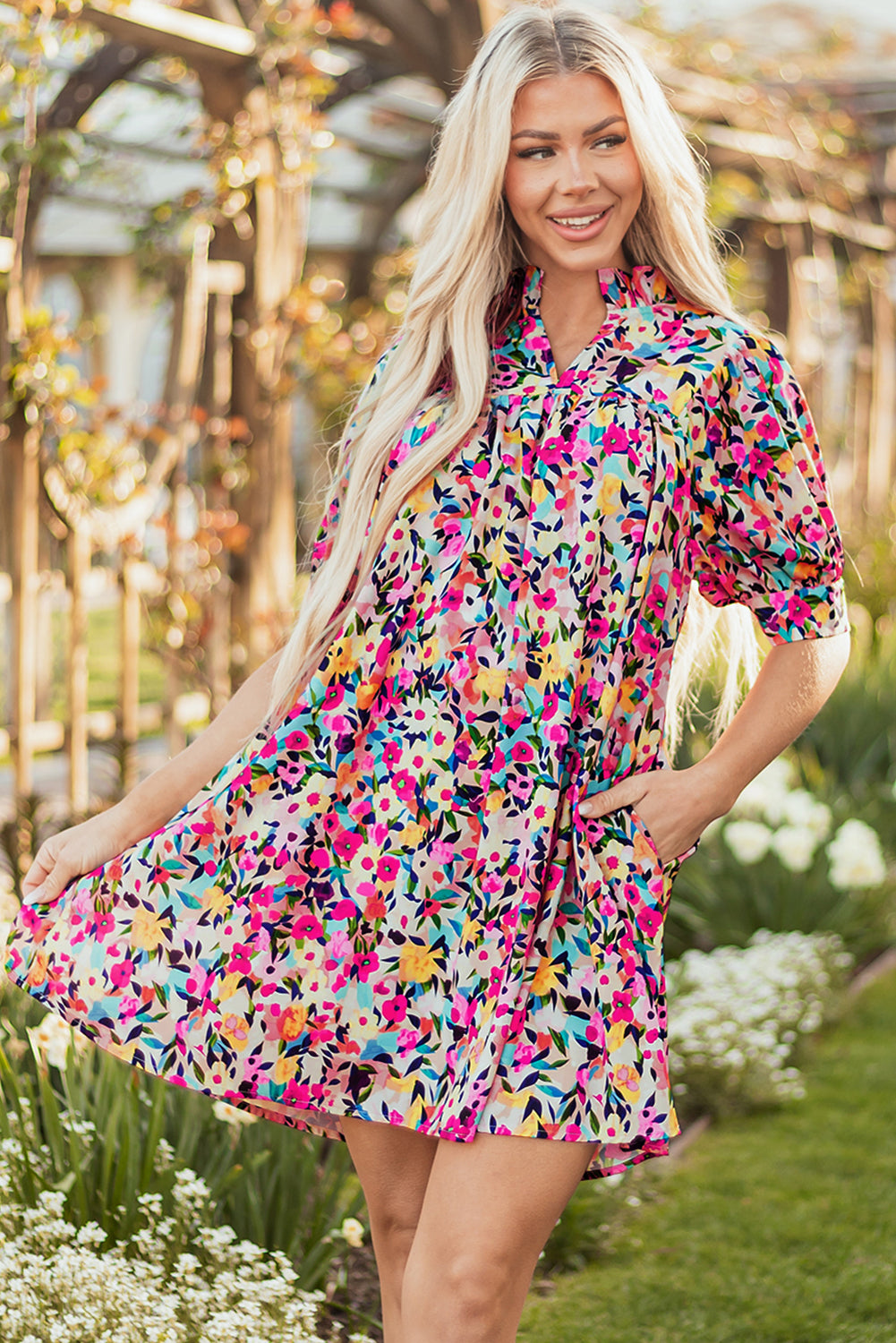 Pink Floral Puff Short Sleeve V Neck Mini Dress-TOPS / DRESSES-[Adult]-[Female]-2022 Online Blue Zone Planet