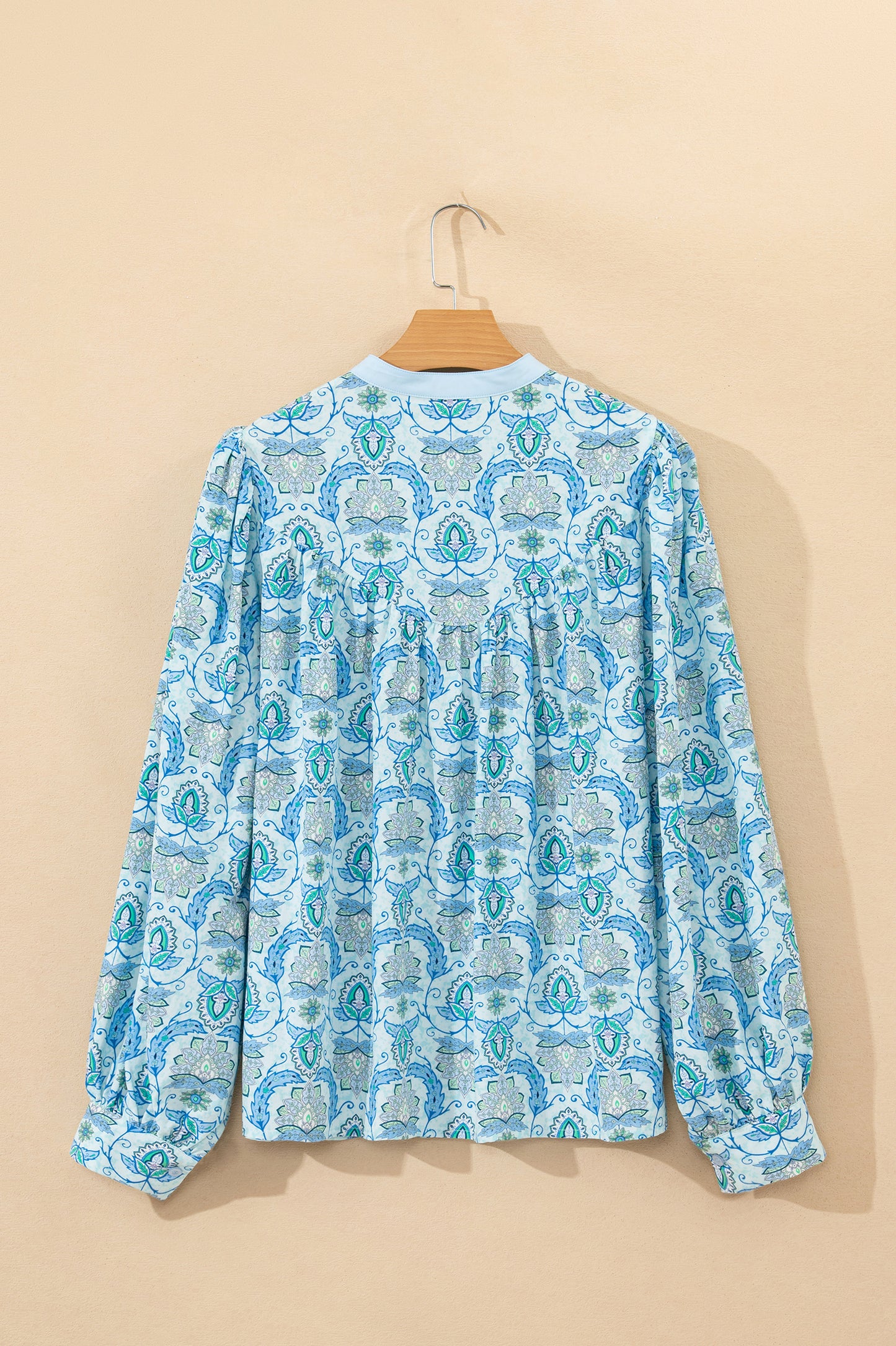 Sky Blue Paisley Print Puff Sleeve Loose Shirt-Tops/Blouses & Shirts-[Adult]-[Female]-2022 Online Blue Zone Planet