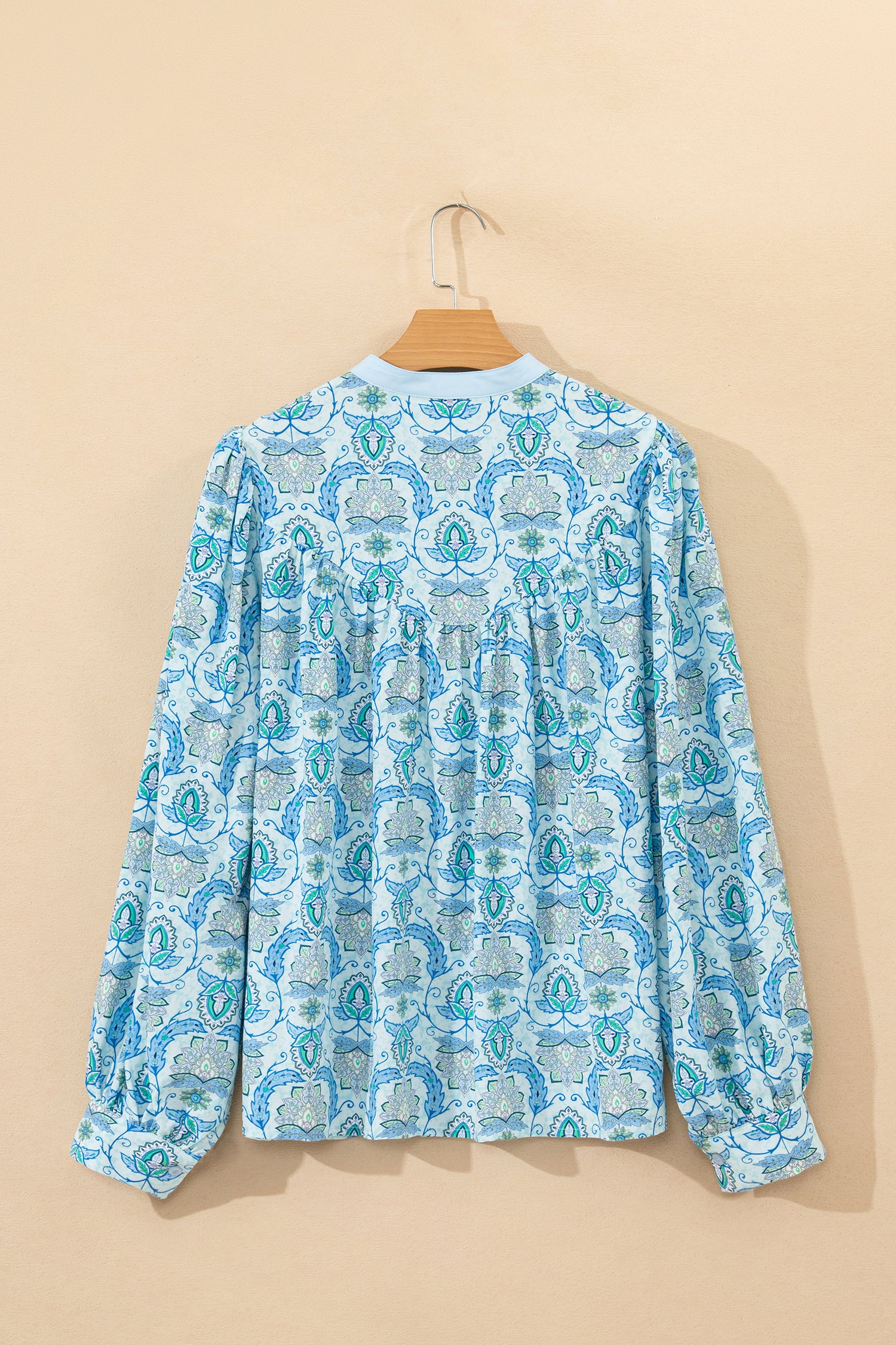 Sky Blue Paisley Print Puff Sleeve Loose Shirt-Tops/Blouses & Shirts-[Adult]-[Female]-2022 Online Blue Zone Planet