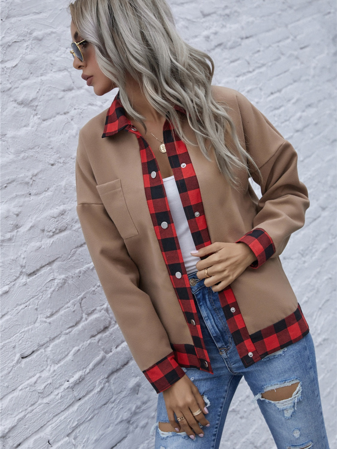 Plaid Trim Long Sleeve Jacket-TOPS / DRESSES-[Adult]-[Female]-2022 Online Blue Zone Planet