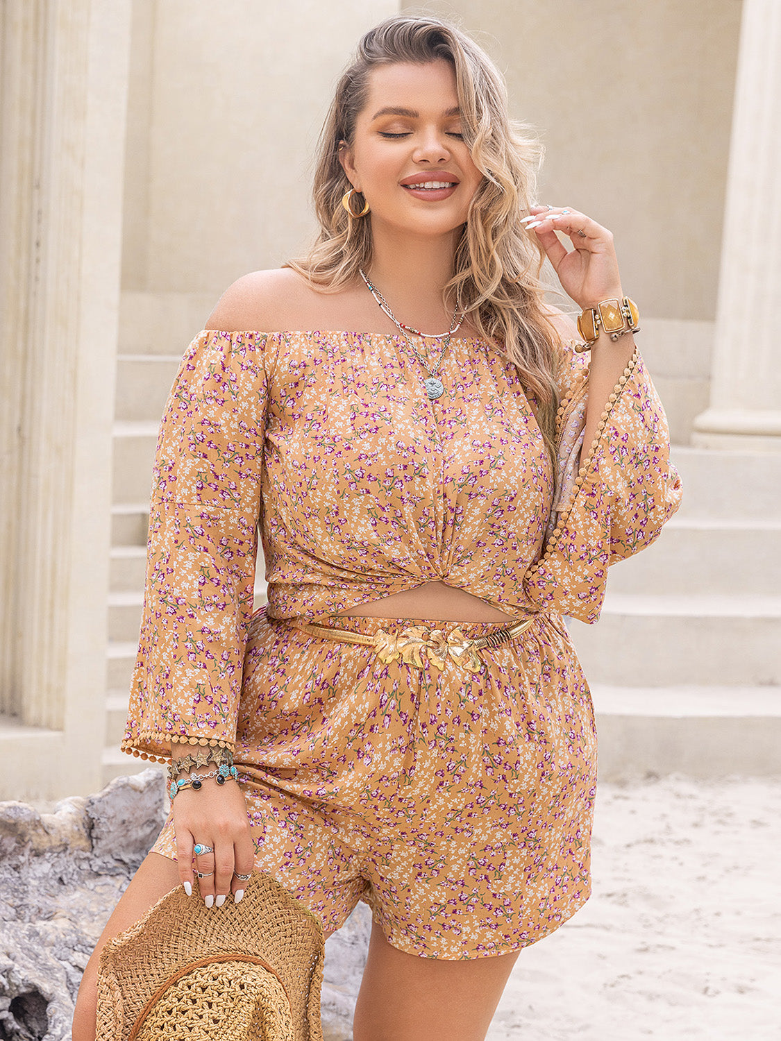 Plus Size Printed Off-Shoulder Top and Shorts Set-BOTTOMS SIZES SMALL MEDIUM LARGE-[Adult]-[Female]-2022 Online Blue Zone Planet