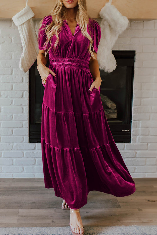 Red Dahlia Velvet Short Sleeve Shirred Waist Tiered Maxi Dress-Dresses/Maxi Dresses-[Adult]-[Female]-Red Dahlia-S-2022 Online Blue Zone Planet