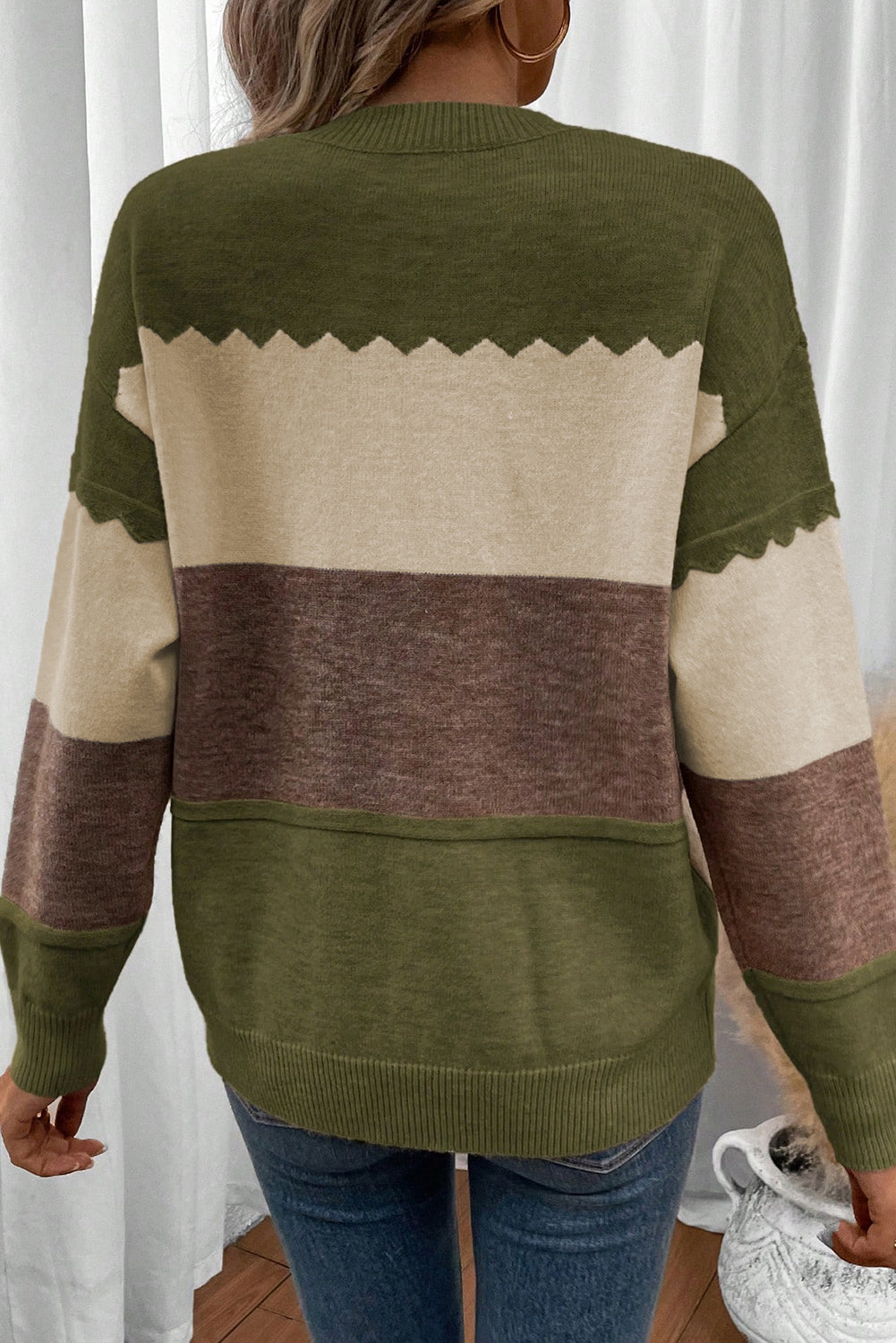 Brown Colorblock Crew Neck Drop Shoulder Sweater-TOPS / DRESSES-[Adult]-[Female]-2022 Online Blue Zone Planet