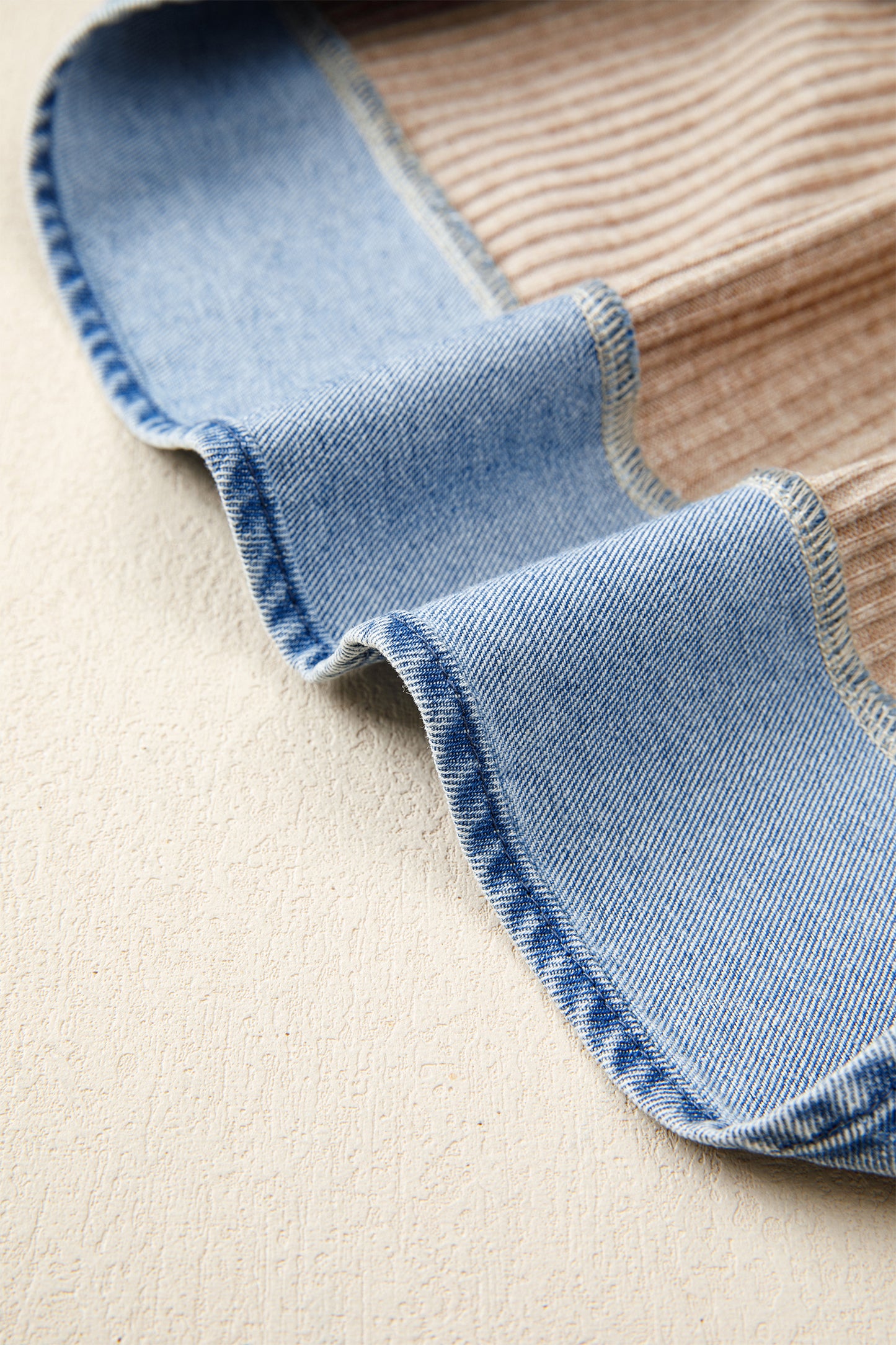Beige Ribbed Knit Denim Color Block Patchwork Button Detail Collared Blouse-Tops/Blouses & Shirts-[Adult]-[Female]-2022 Online Blue Zone Planet