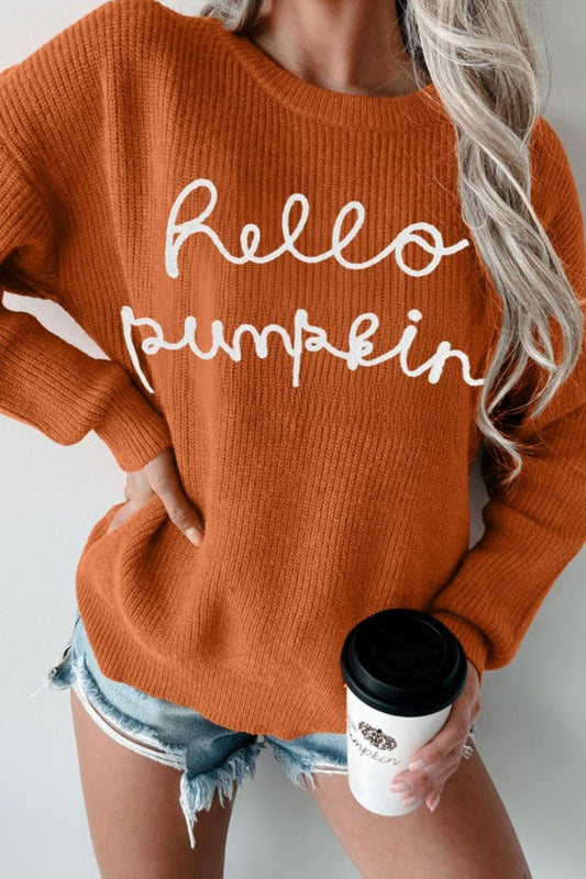 Letter Graphic Round Neck Long Sleeve Sweater-TOPS / DRESSES-[Adult]-[Female]-Terracotta-S-2022 Online Blue Zone Planet