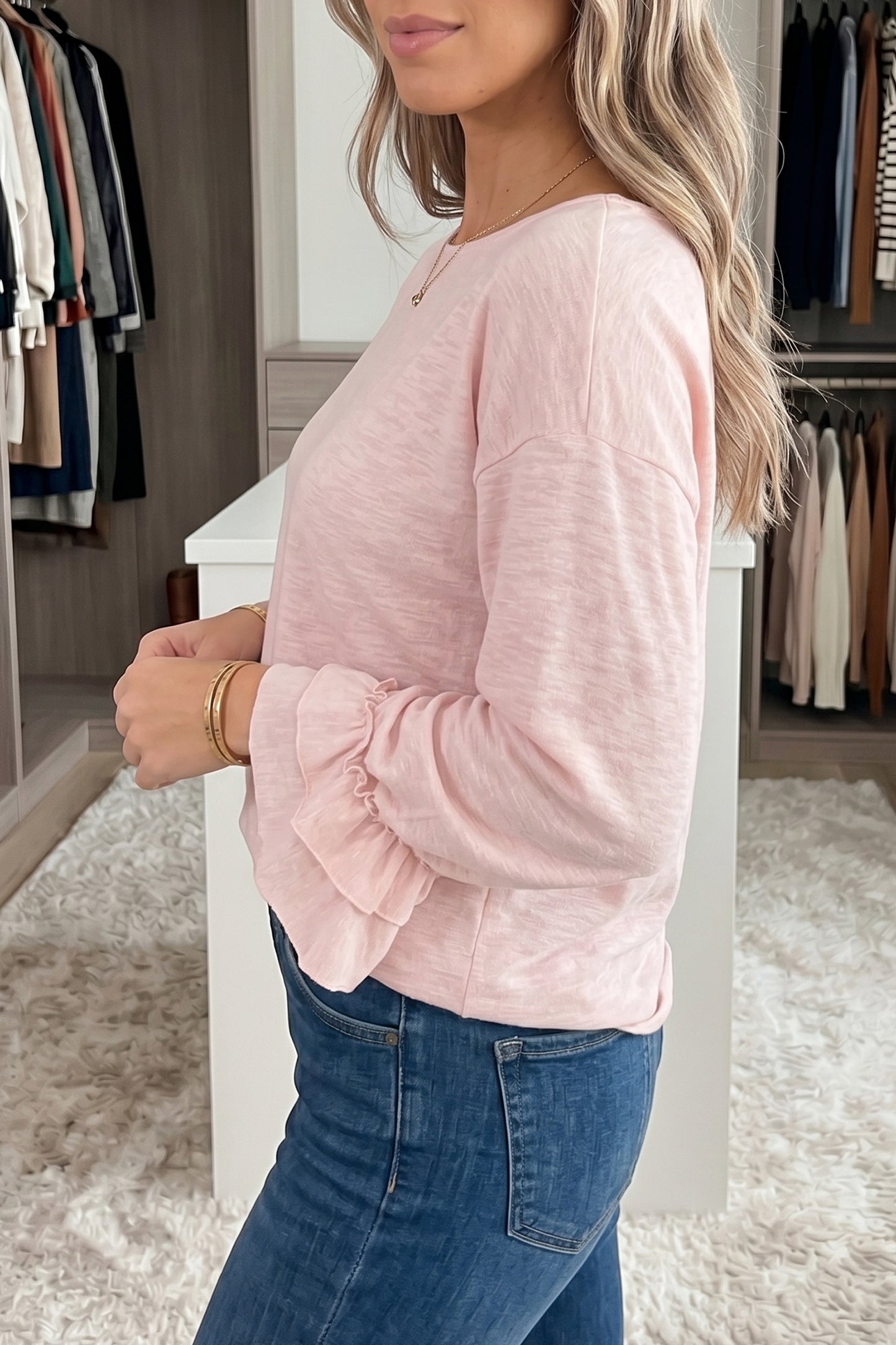 Gossamer Pink Ruffle Sleeve Long Sleeve Loose Pullover Top-Tops/Long Sleeve Tops-[Adult]-[Female]-2022 Online Blue Zone Planet