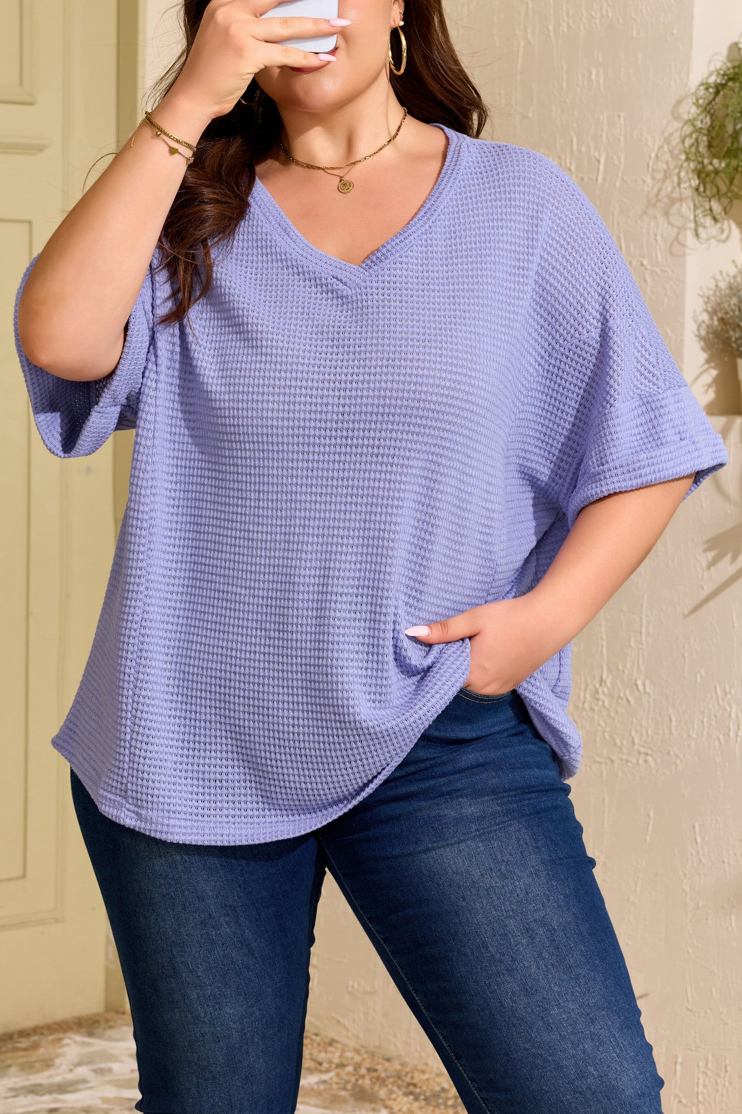 Wisteria V Neck Short Sleeve Plus Size Waffle Knit Top-Plus Size/Plus Size Tops/Plus Size Tops & Tees-[Adult]-[Female]-2022 Online Blue Zone Planet