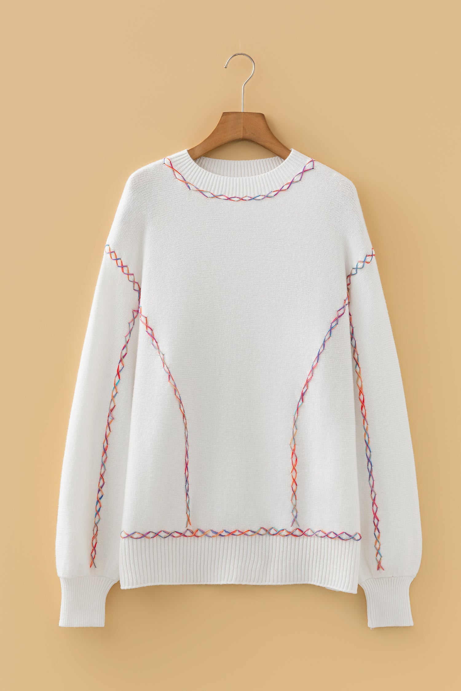 White Rainbow Stitching Balloon Sleeve Relaxed Sweater-TOPS / DRESSES-[Adult]-[Female]-2022 Online Blue Zone Planet
