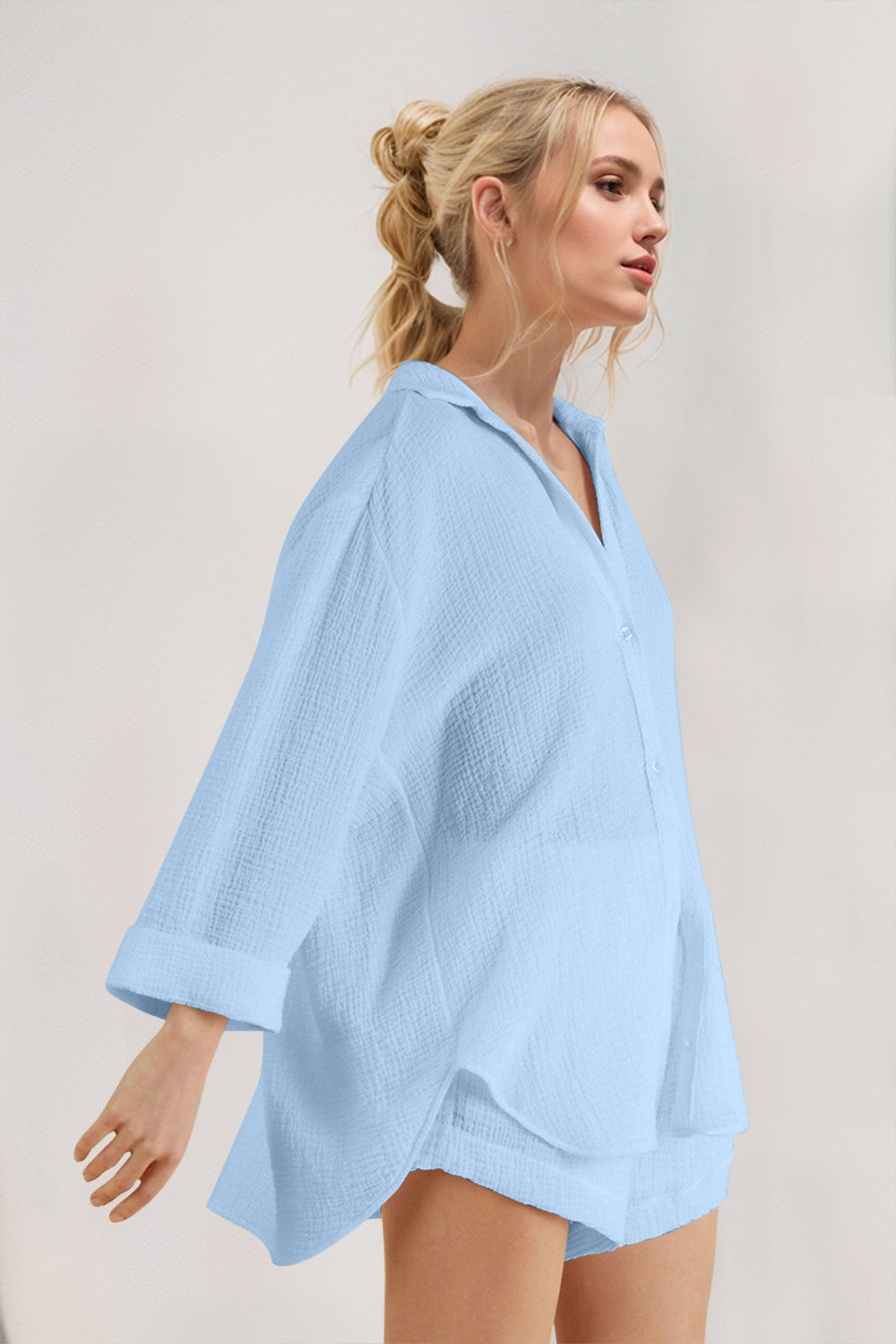 Basic Bae Breathable Button Down Long Sleeve Top and Shorts Set-TOPS / DRESSES-[Adult]-[Female]-Light Blue-S-2022 Online Blue Zone Planet