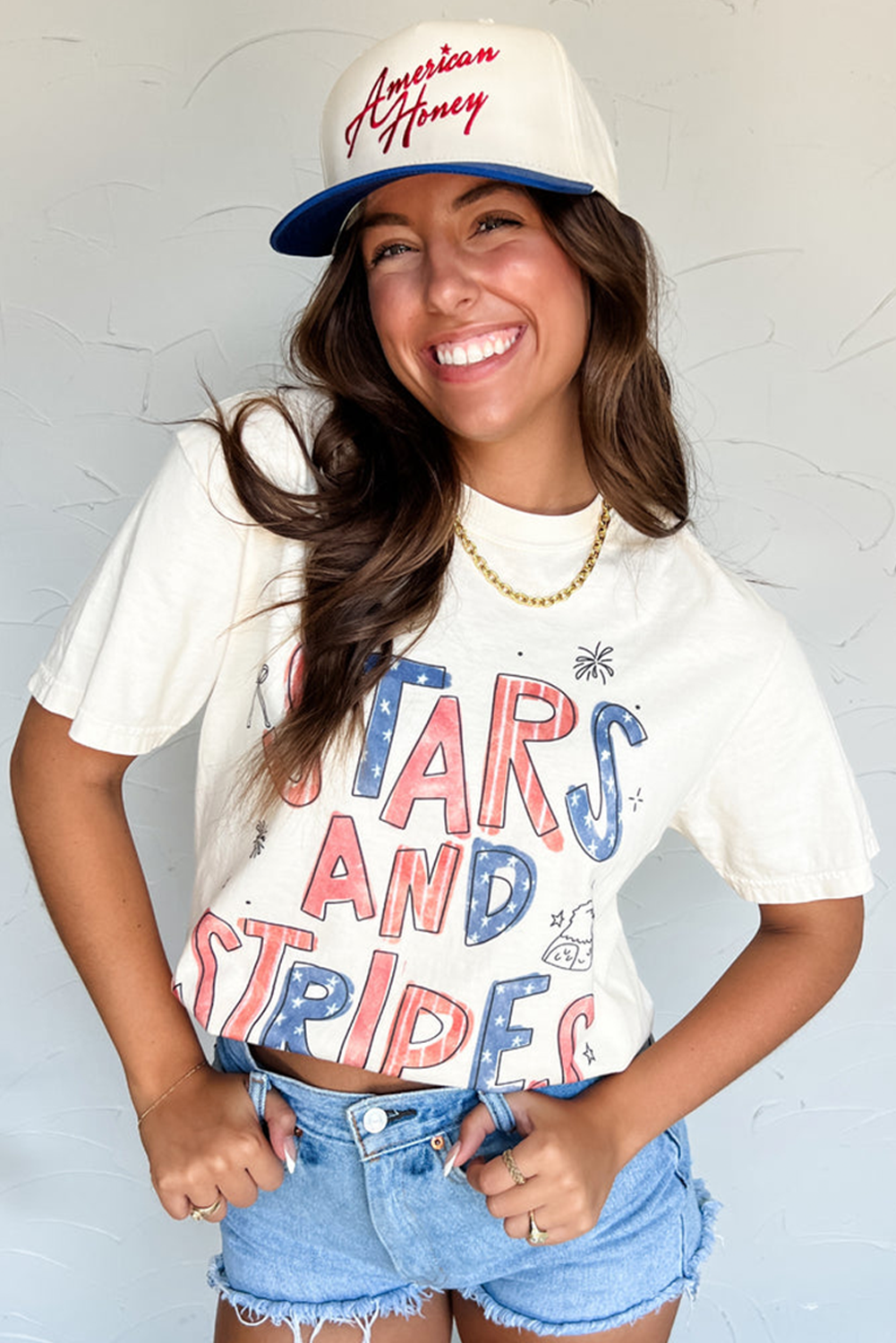 White Stars And Stripes Crew Neck Graphic Tee-Graphic/Graphic Tees-[Adult]-[Female]-2022 Online Blue Zone Planet