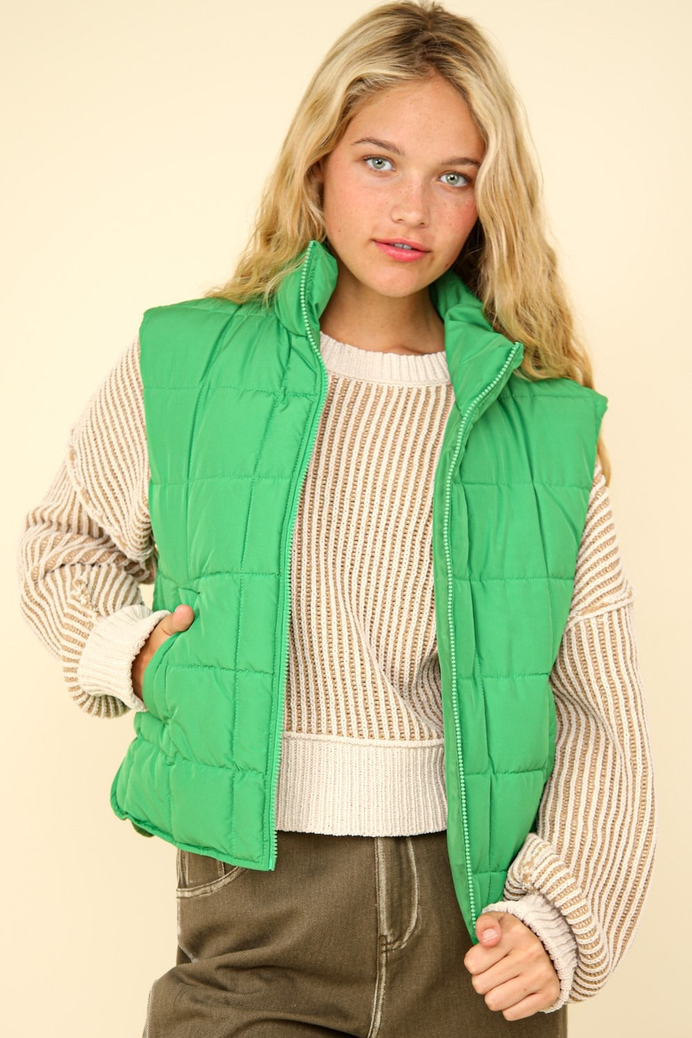 VERY J Zip Up Puffer Padded Warm Vest-TOPS / DRESSES-[Adult]-[Female]-Kelly Green-S-2022 Online Blue Zone Planet