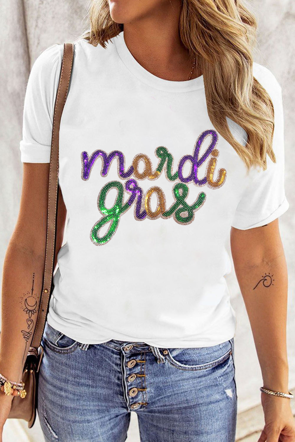 White Sequin mardi gras Graphic Plus Size T Shirt-Graphic/Graphic Tees-[Adult]-[Female]-2022 Online Blue Zone Planet