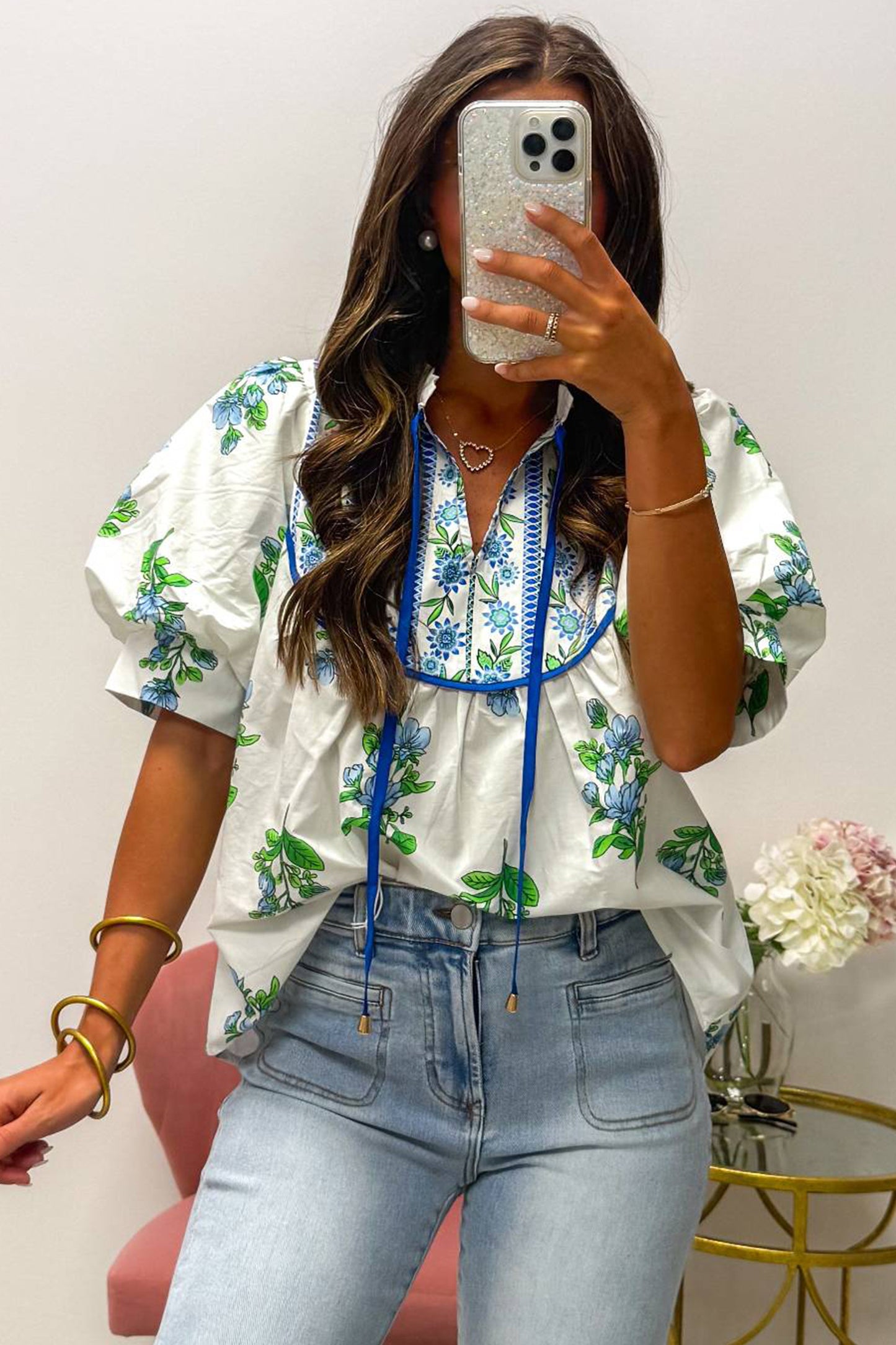 White Floral Print Contrast Trim Tie Neck Blouse-Tops/Blouses & Shirts-[Adult]-[Female]-2022 Online Blue Zone Planet