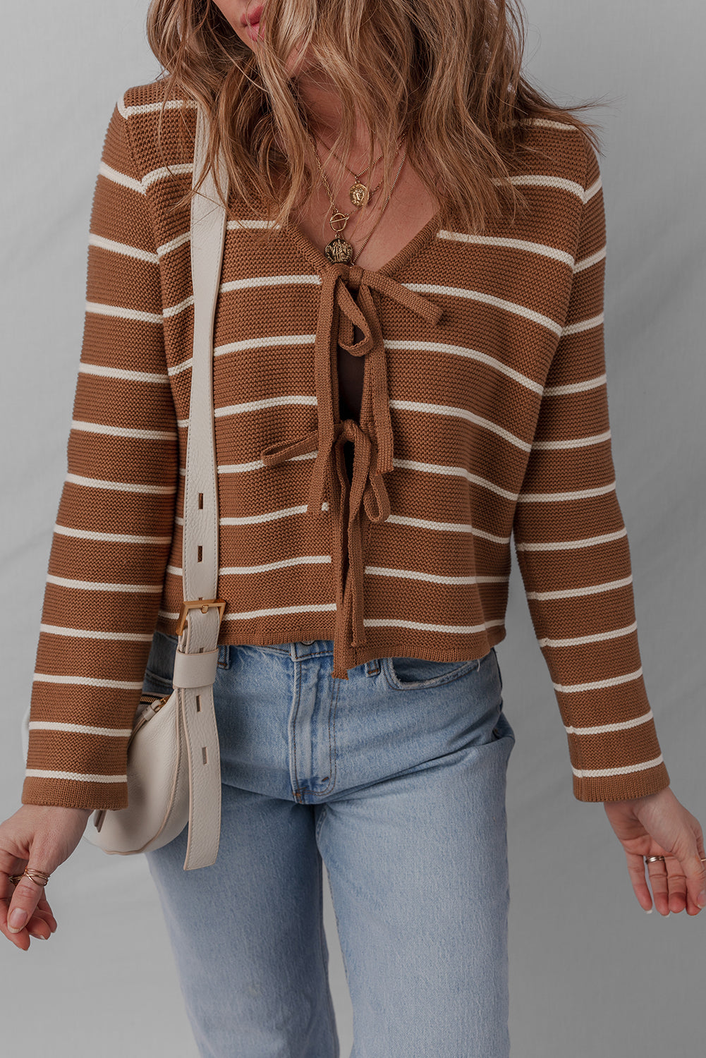 Chestnut Tie Front Striped Knit V Neck Cardigan Sweater-Sweaters & Cardigans/Cardigans-[Adult]-[Female]-2022 Online Blue Zone Planet