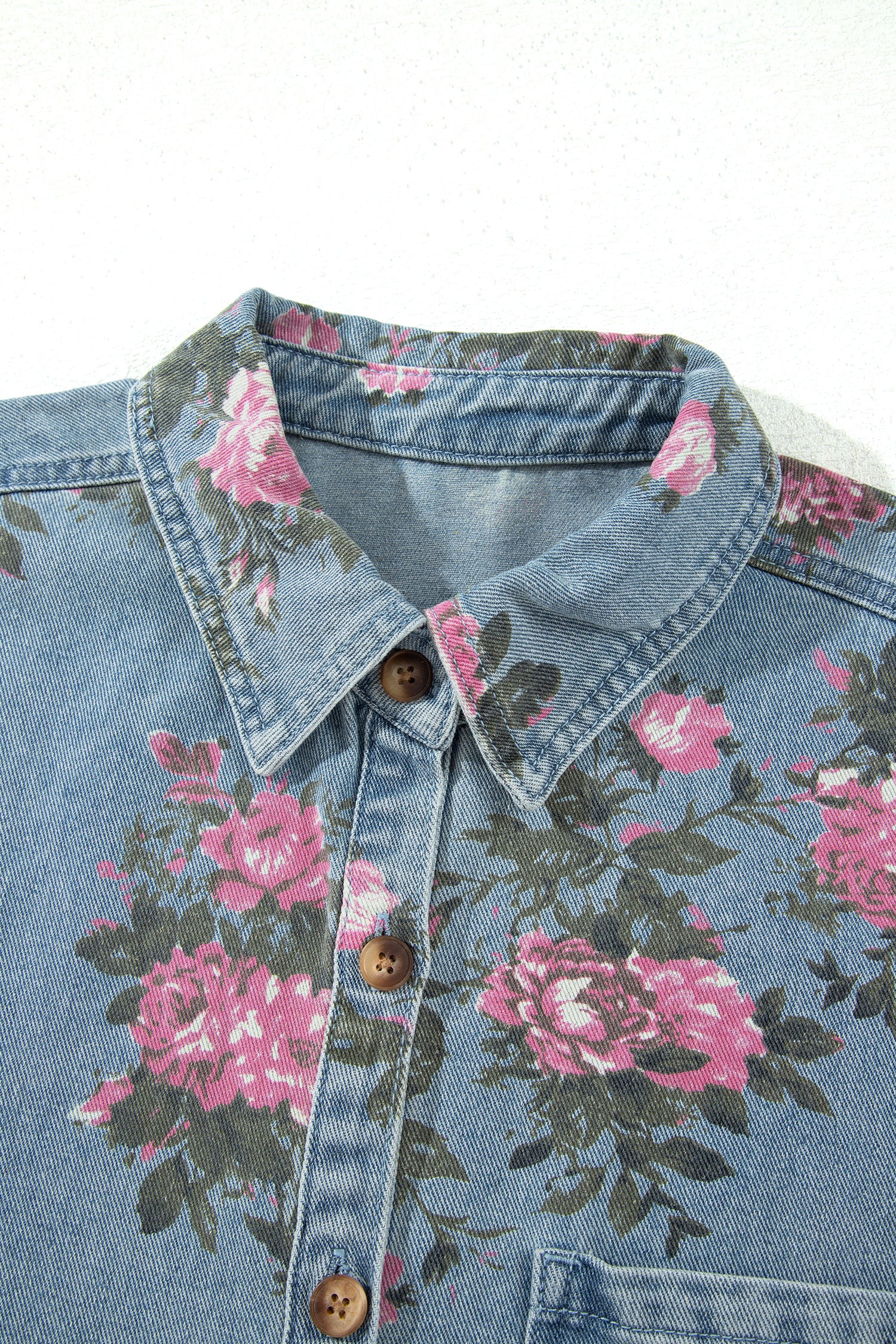 Sky Blue Floral Print Raw Seam Ruffle Hem Denim Jacket-Outerwear/Denim jackets-[Adult]-[Female]-2022 Online Blue Zone Planet