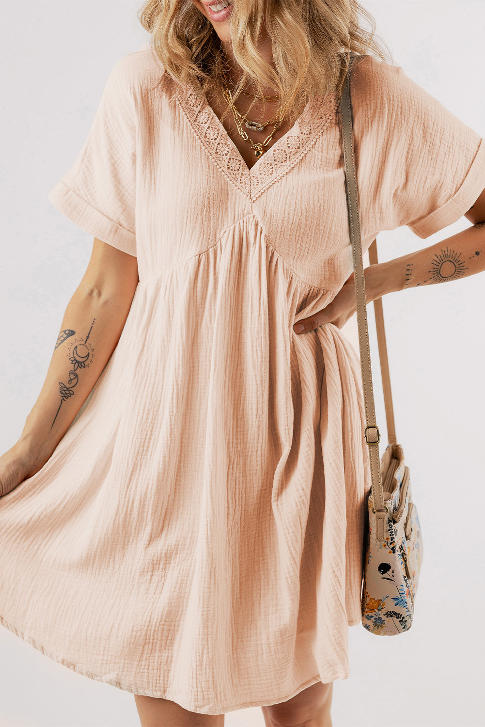 Beige Folded Short Sleeve Lace V Neck Mini Dress-Dresses/Mini Dresses-[Adult]-[Female]-2022 Online Blue Zone Planet