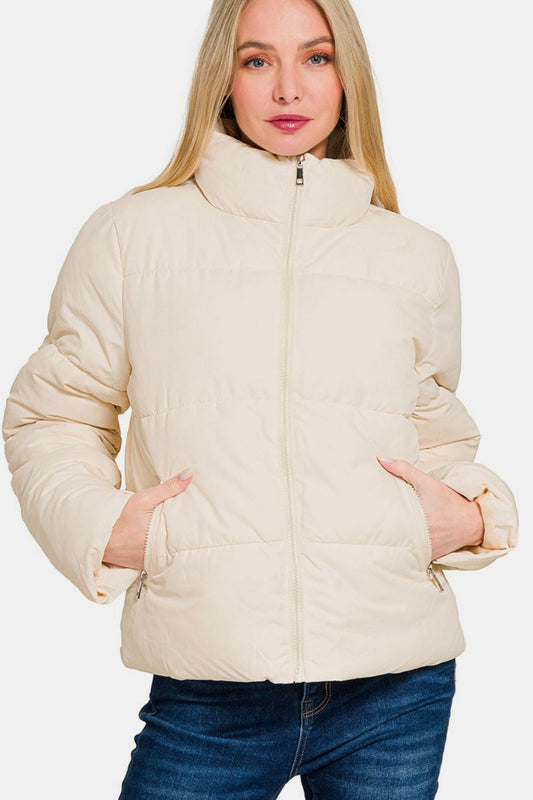 Zenana Zip Up Turtleneck Puffer Jacket with Pockets-TOPS / DRESSES-[Adult]-[Female]-Cream-S-2022 Online Blue Zone Planet