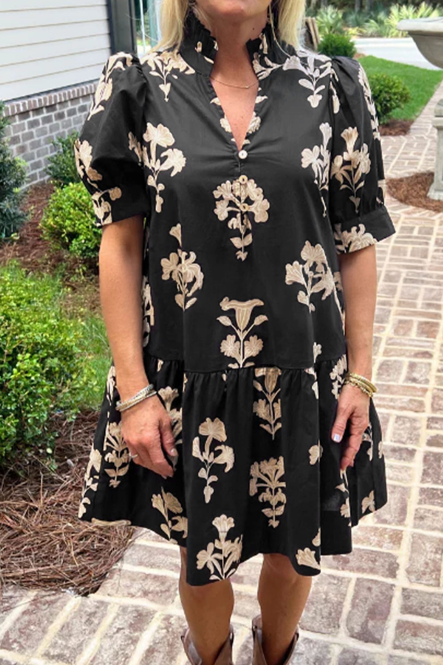 Black Frilled V Neck Puff Short Sleeve Floral Mini Dress-TOPS / DRESSES-[Adult]-[Female]-Black-S-2022 Online Blue Zone Planet