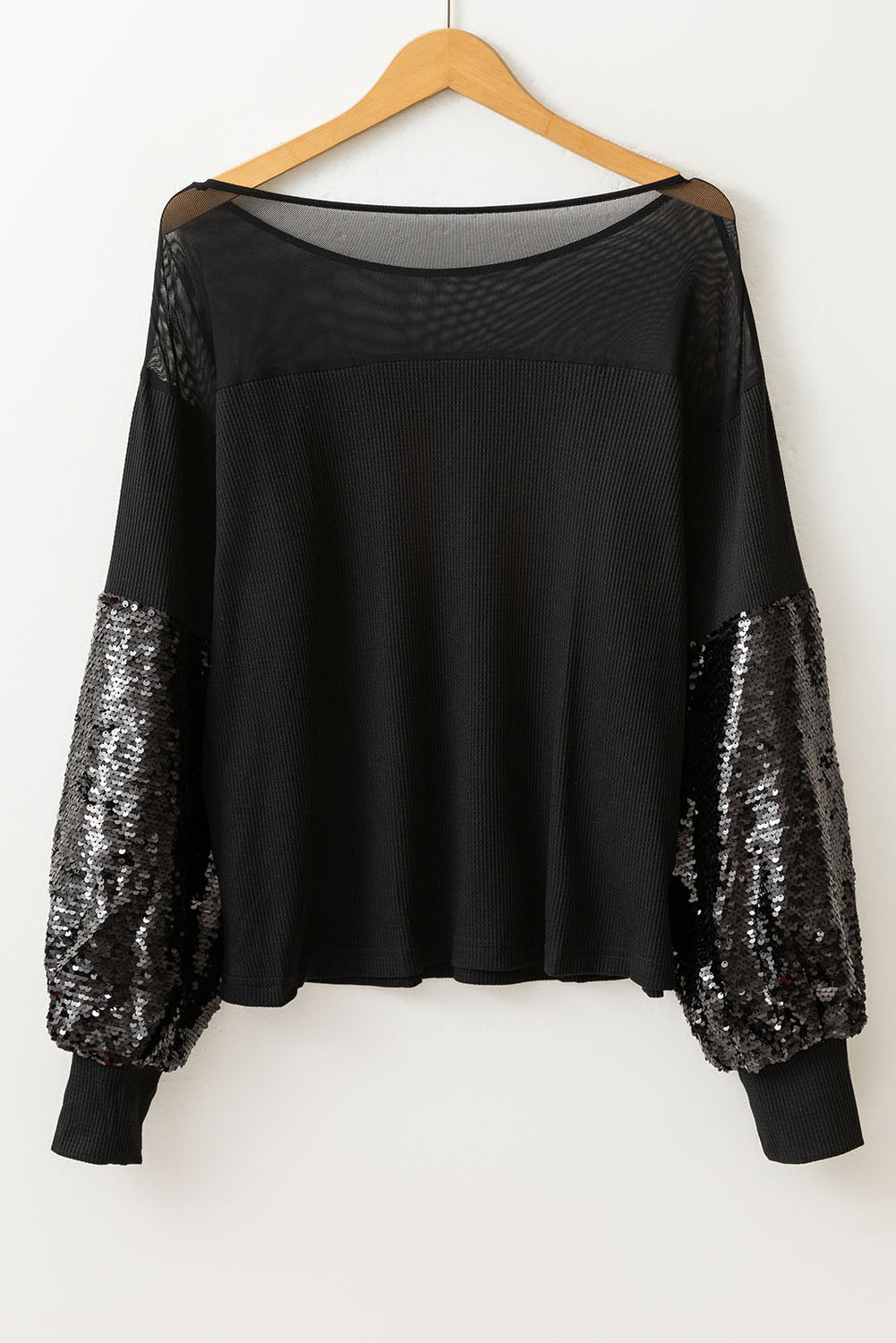 Black Sequin Patchwork Lantern Sleeve Blouse-Tops/Blouses & Shirts-[Adult]-[Female]-2022 Online Blue Zone Planet
