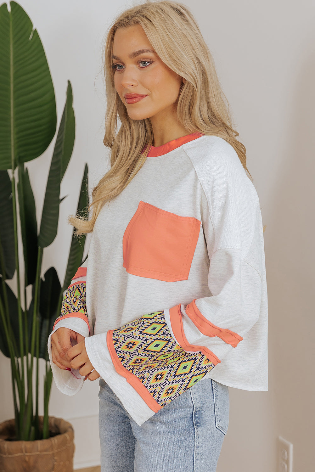Apricot Western Aztec Patch Mineral Wash Loose Fit Top-Tops/Long Sleeve Tops-[Adult]-[Female]-2022 Online Blue Zone Planet