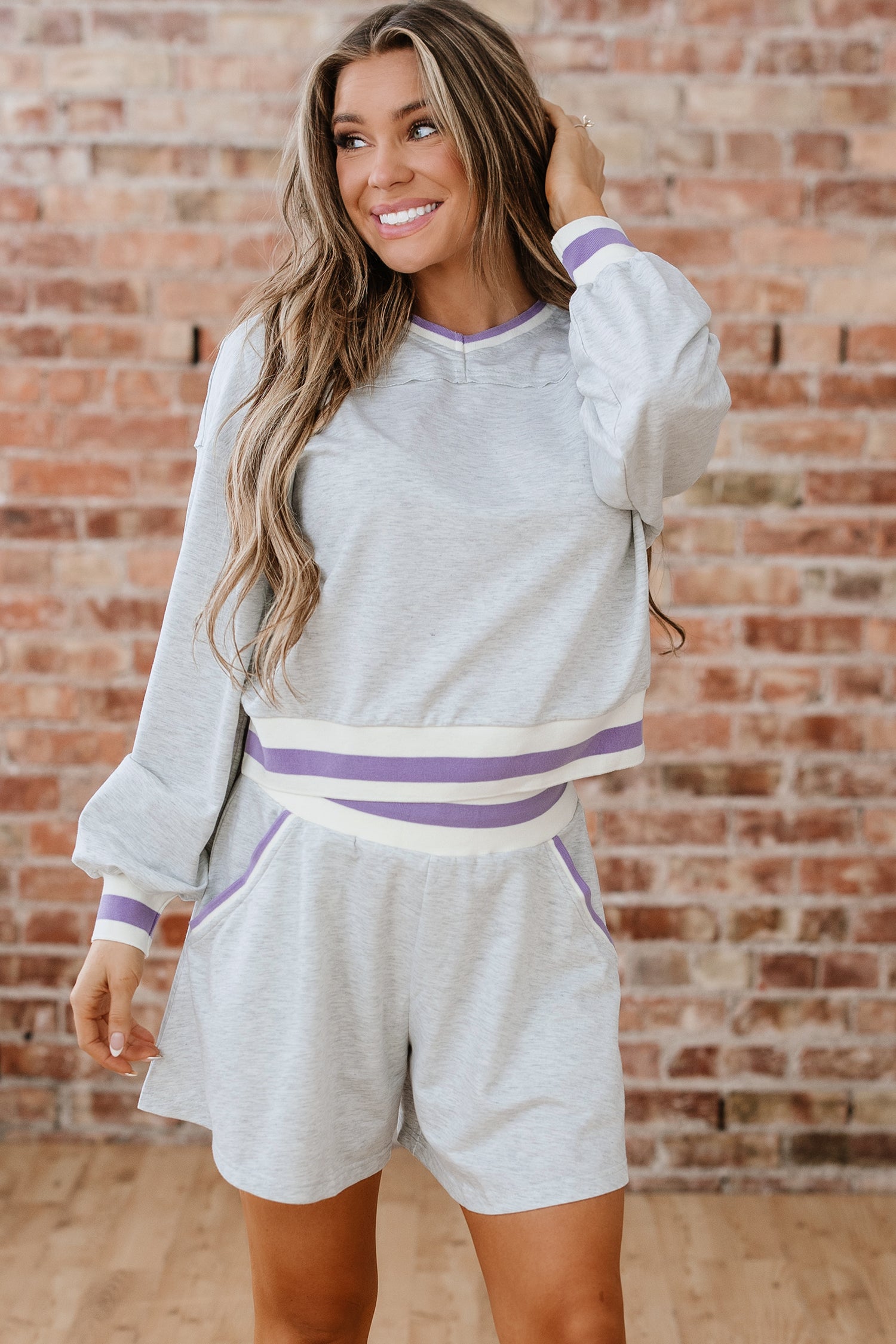 Light Grey Contrast Striped BAnds Cropped Pullover and Athletic Short Set-Two Piece Sets/Short Sets-[Adult]-[Female]-2022 Online Blue Zone Planet