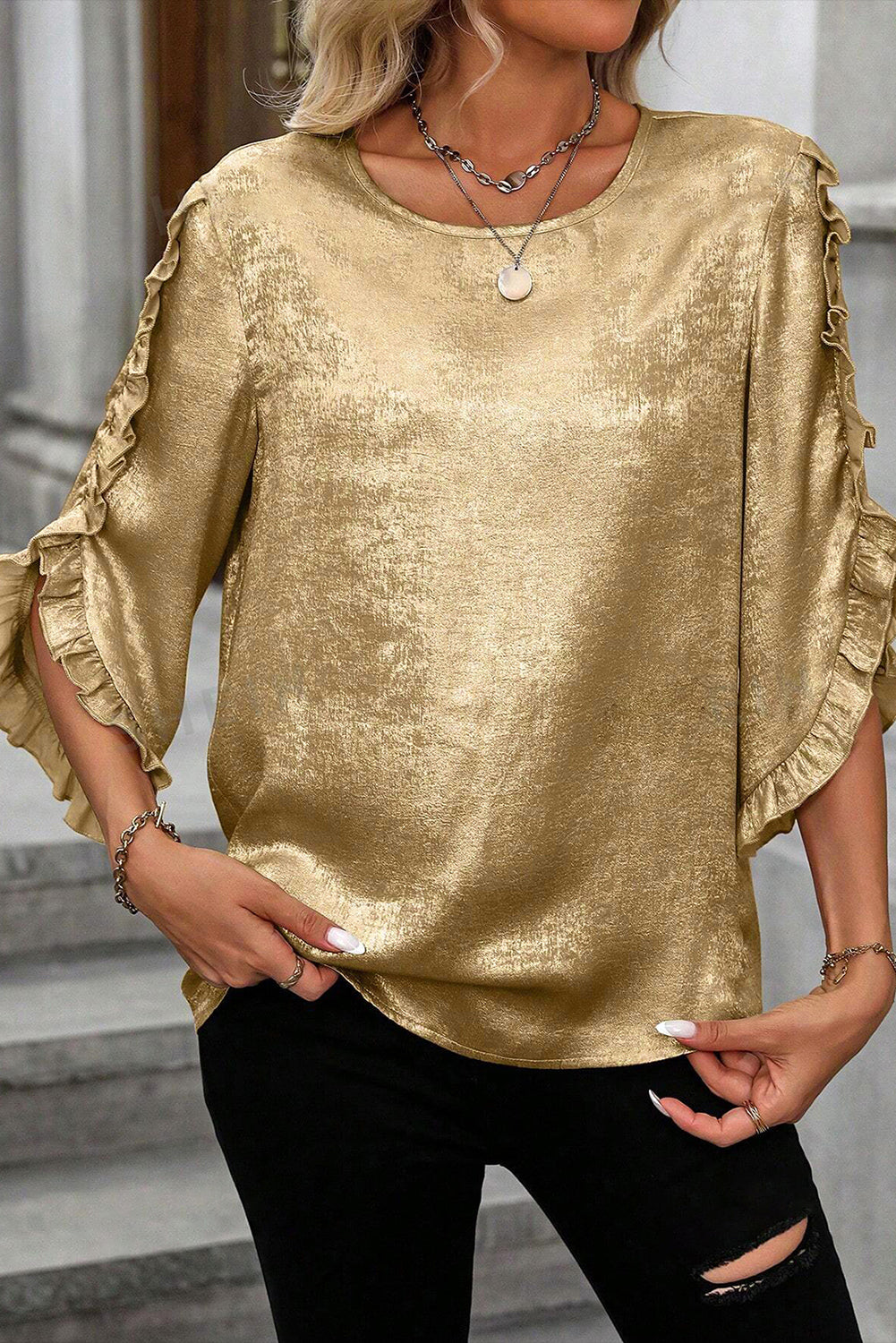 Gold Metallic Luster Frilled Half Sleeve Blouse-Tops/Blouses & Shirts-[Adult]-[Female]-Gold-S-2022 Online Blue Zone Planet