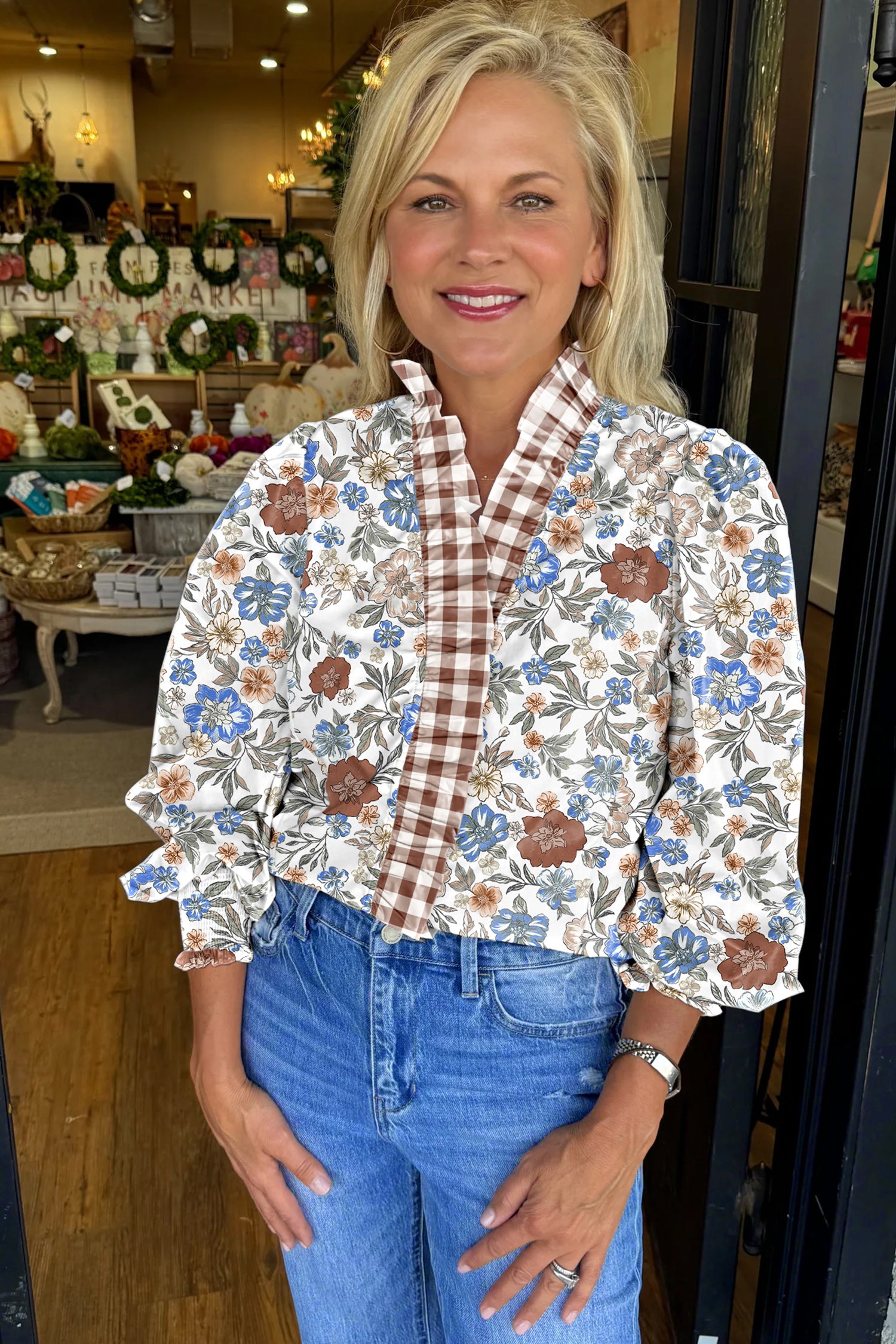 Brown Plaid Frilled Trim V Neck Floral Long Sleeve Blouse-Tops/Blouses & Shirts-[Adult]-[Female]-2022 Online Blue Zone Planet