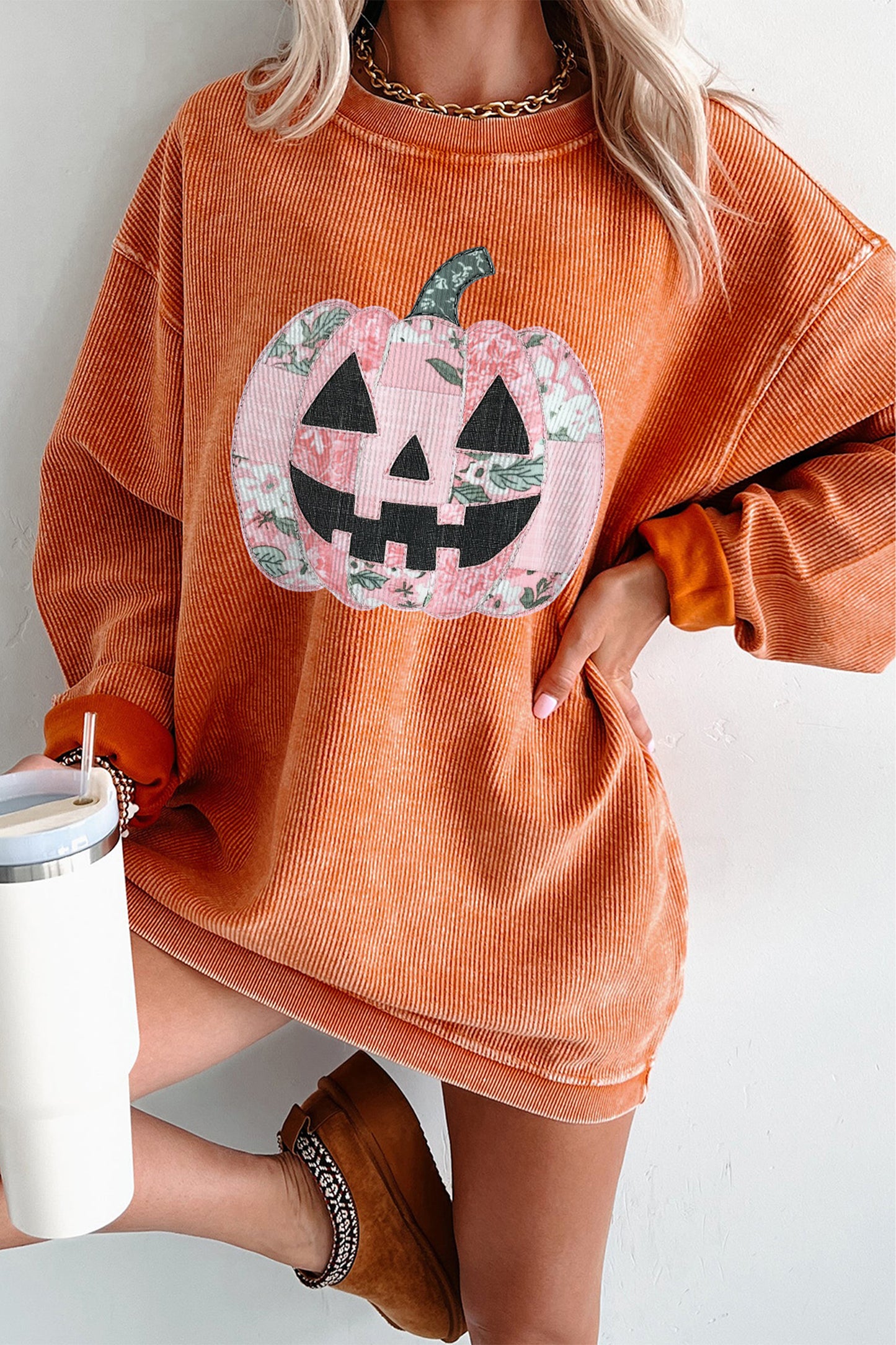 Orange Patchwork Pumpkin Graphic Corded Ribbed Round Neck Tunic Sweatshirt-Graphic/Graphic Sweatshirts-[Adult]-[Female]-2022 Online Blue Zone Planet