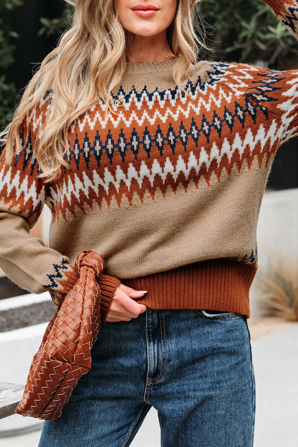 Khaki Aztec Print Colorblock Crew Neck Sweater-TOPS / DRESSES-[Adult]-[Female]-2022 Online Blue Zone Planet