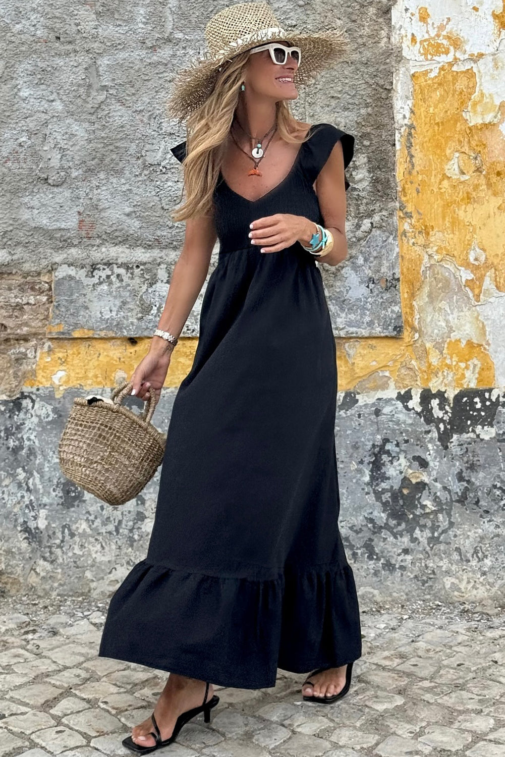 Fiery Red V Neck Flutter Sleeve Smocked Bodice High Waist Ruffle Maxi Dress-TOPS / DRESSES-[Adult]-[Female]-2022 Online Blue Zone Planet