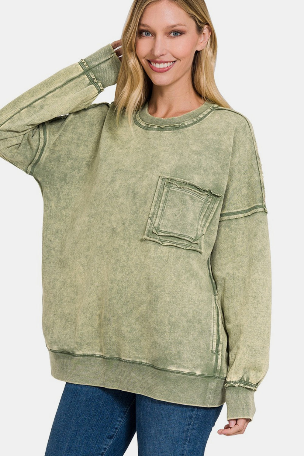 Blue Zone Planet | Zenana Exposed Seam Round Neck Dropped Shoulder Sweatshirt-TOPS / DRESSES-[Adult]-[Female]-LT Olive-S-2022 Online Blue Zone Planet