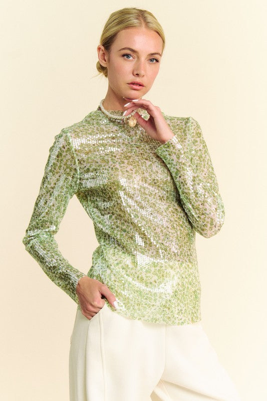 Davi & Dani Sequin Mock Neck Long Sleeve Mesh Top-TOPS / DRESSES-[Adult]-[Female]-Sage-S-2022 Online Blue Zone Planet