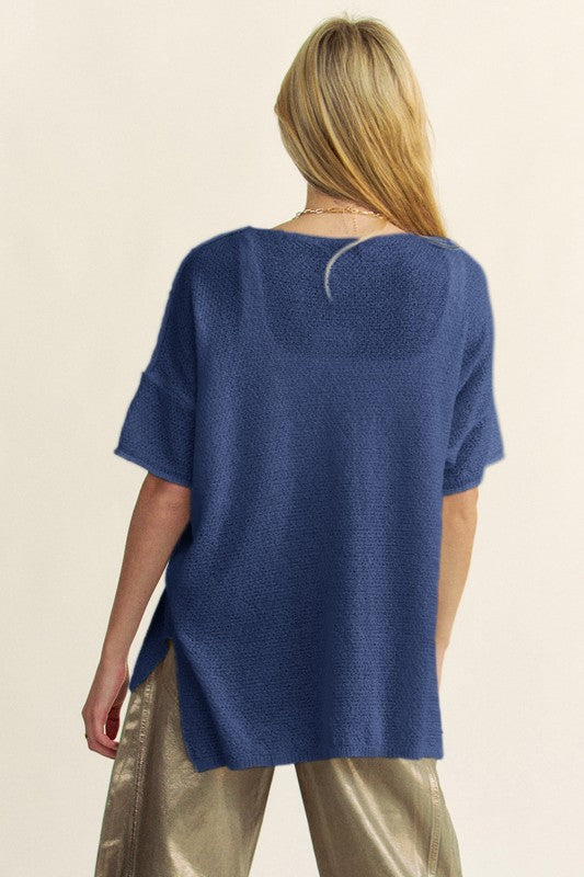 Davi & Dani High-Low Round Neck Knit Top-TOPS / DRESSES-[Adult]-[Female]-2022 Online Blue Zone Planet