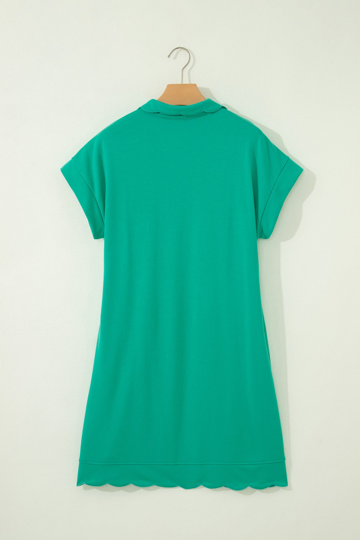 Sea Green Solid Color Snap Button Polo Collar Short Sleeve Scallop Hem Mini Dress-TOPS / DRESSES-[Adult]-[Female]-2022 Online Blue Zone Planet
