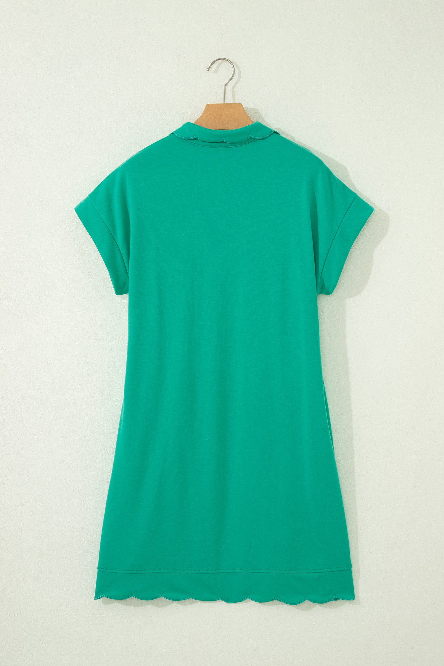 Sea Green Solid Color Snap Button Polo Collar Short Sleeve Scallop Hem Mini Dress-TOPS / DRESSES-[Adult]-[Female]-2022 Online Blue Zone Planet