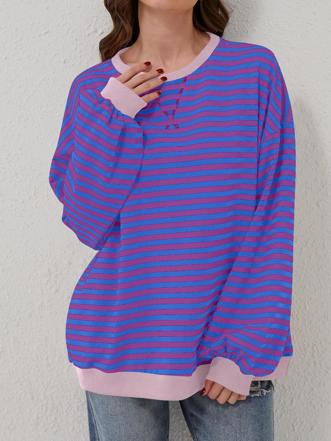 Blue Zone Planet | Lovelet Contrast Striped Long Sleeve Sweatshirt-TOPS / DRESSES-[Adult]-[Female]-Purple-S-2022 Online Blue Zone Planet