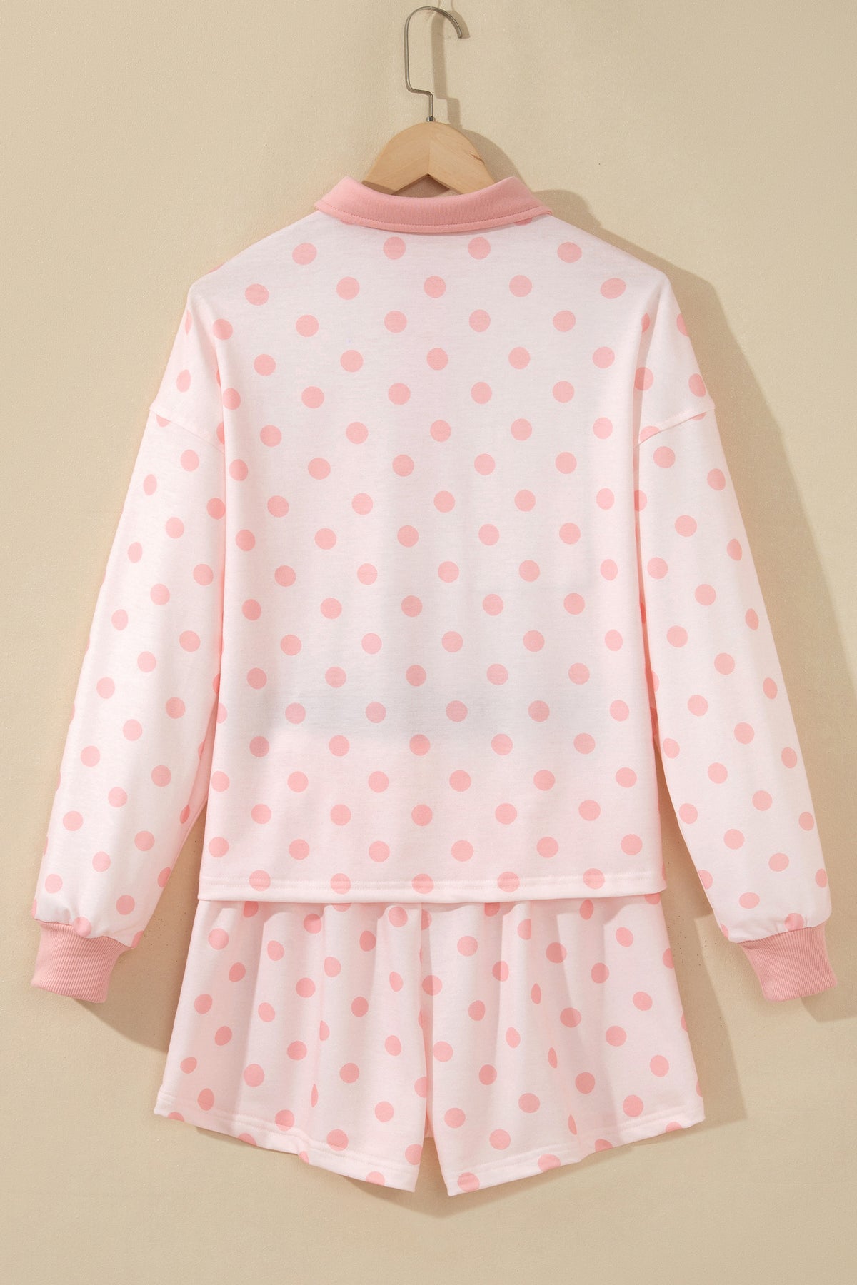 Pink Polka Dot Drop Shoulder Polo Loose Pullover Patch Pocket Casual Shorts Set-Two Piece Sets/Short Sets-[Adult]-[Female]-2022 Online Blue Zone Planet