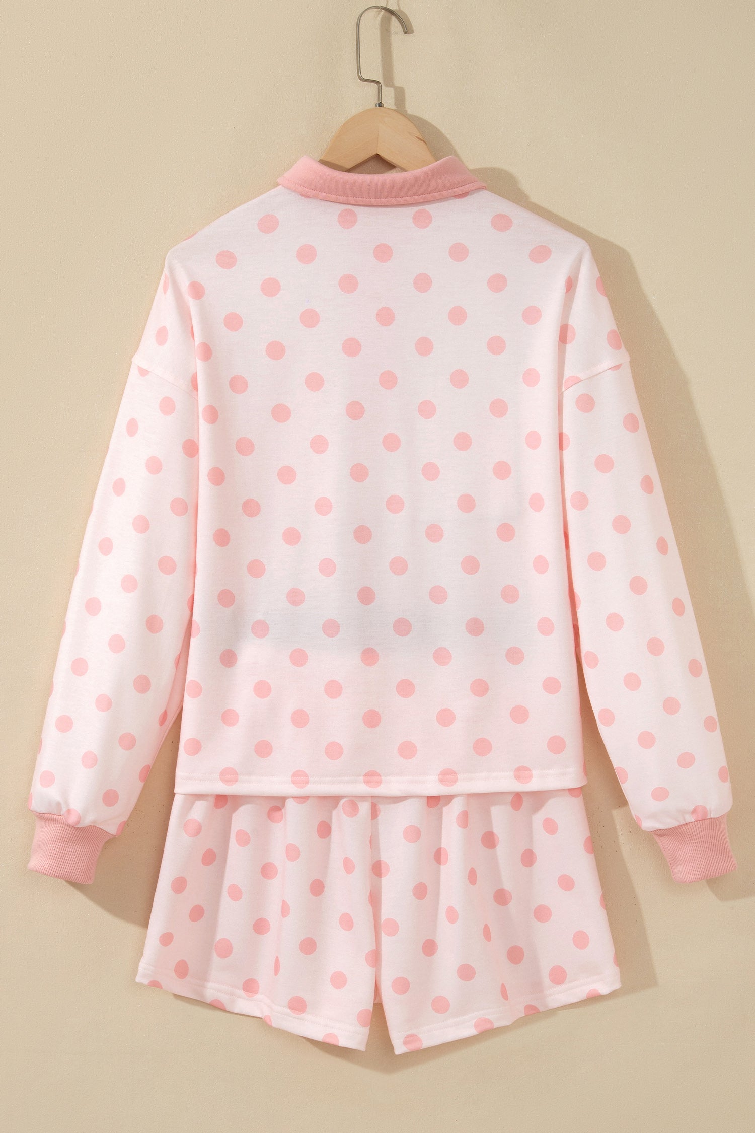 Pink Polka Dot Drop Shoulder Polo Loose Pullover Patch Pocket Casual Shorts Set-Two Piece Sets/Short Sets-[Adult]-[Female]-2022 Online Blue Zone Planet
