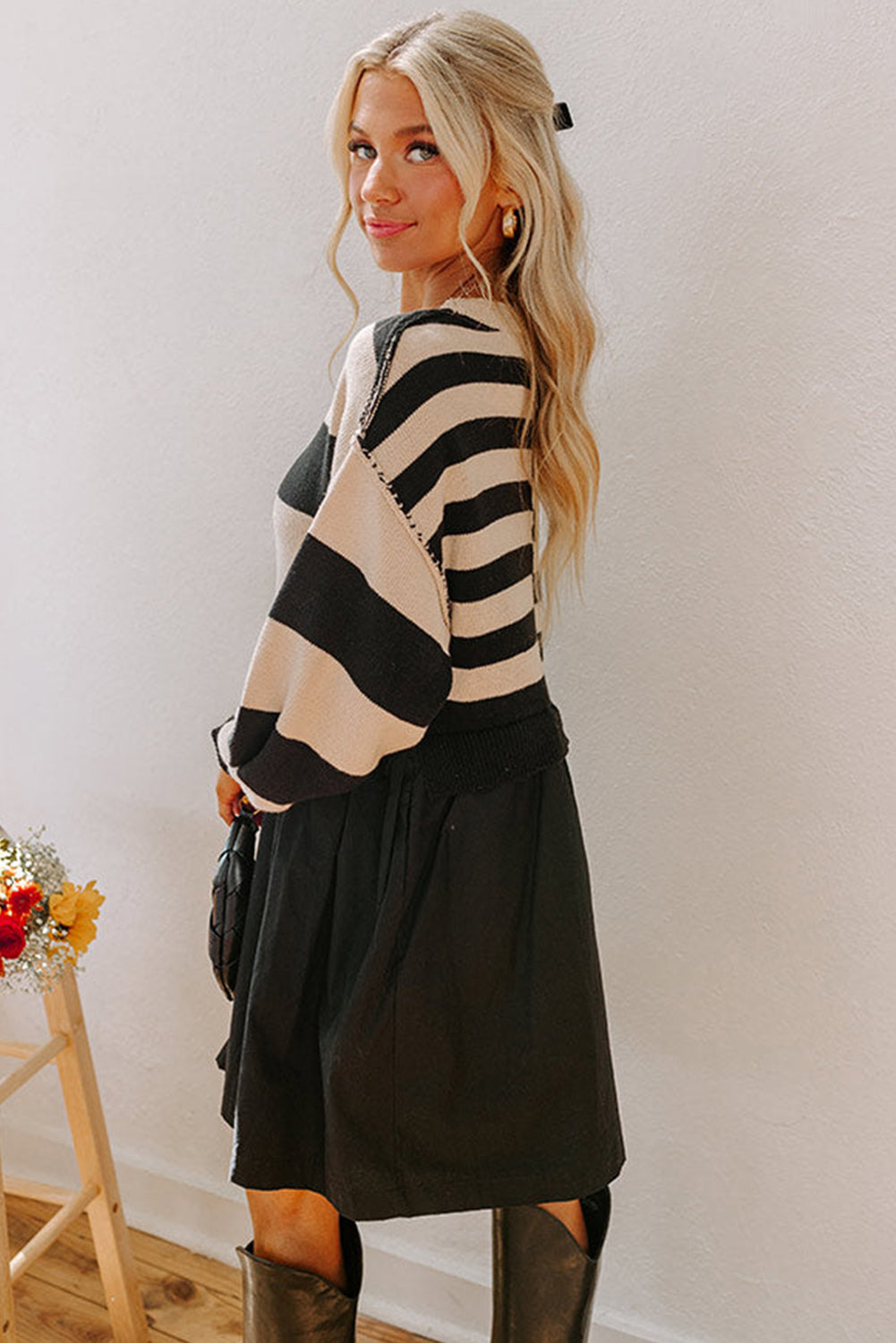 Black Stripe Two in One Knitted Top High Waist Splicing Hem Sweater Dress-TOPS / DRESSES-[Adult]-[Female]-2022 Online Blue Zone Planet